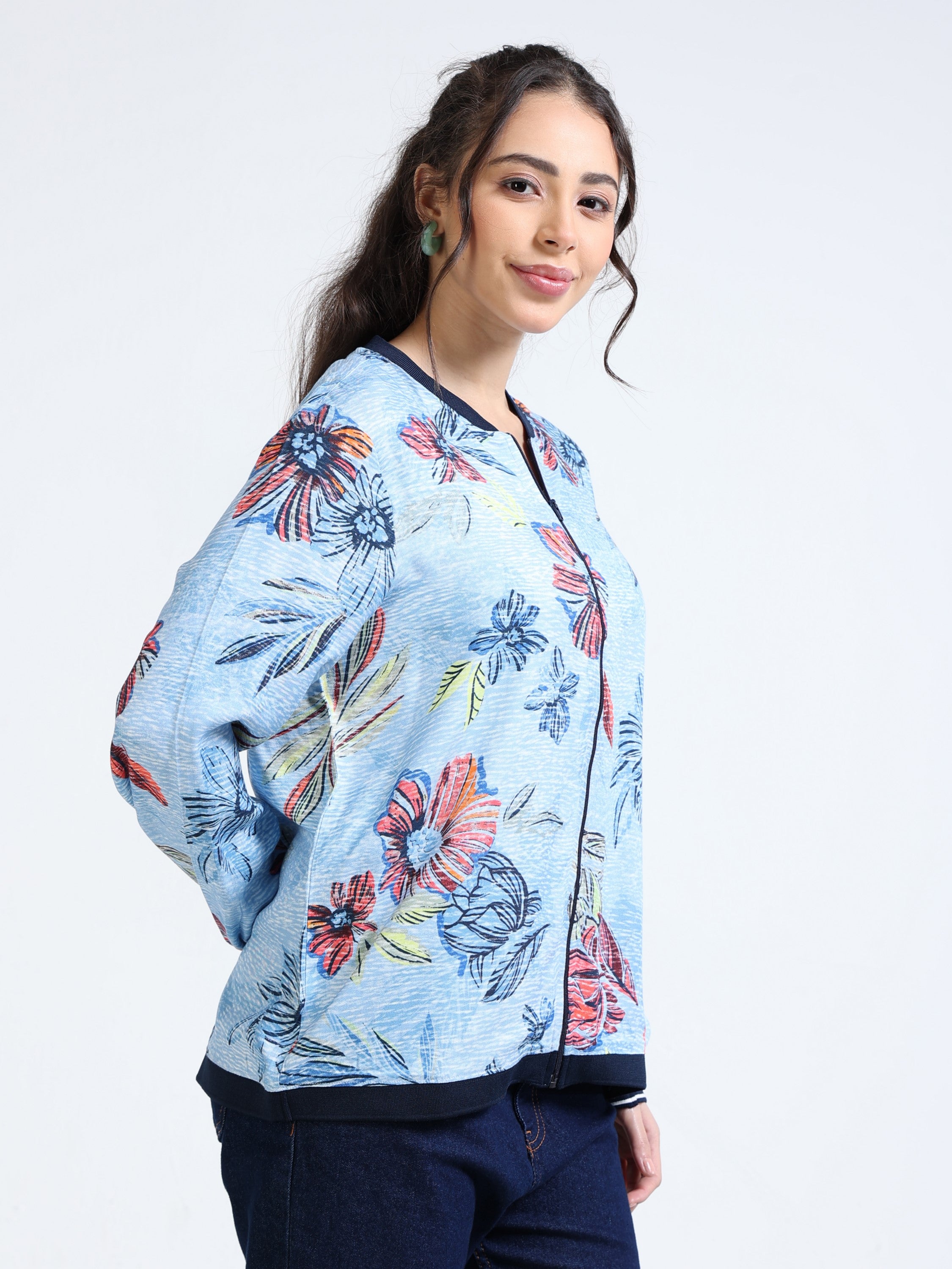 Women Blue Printed Relaxed Fit Jacket