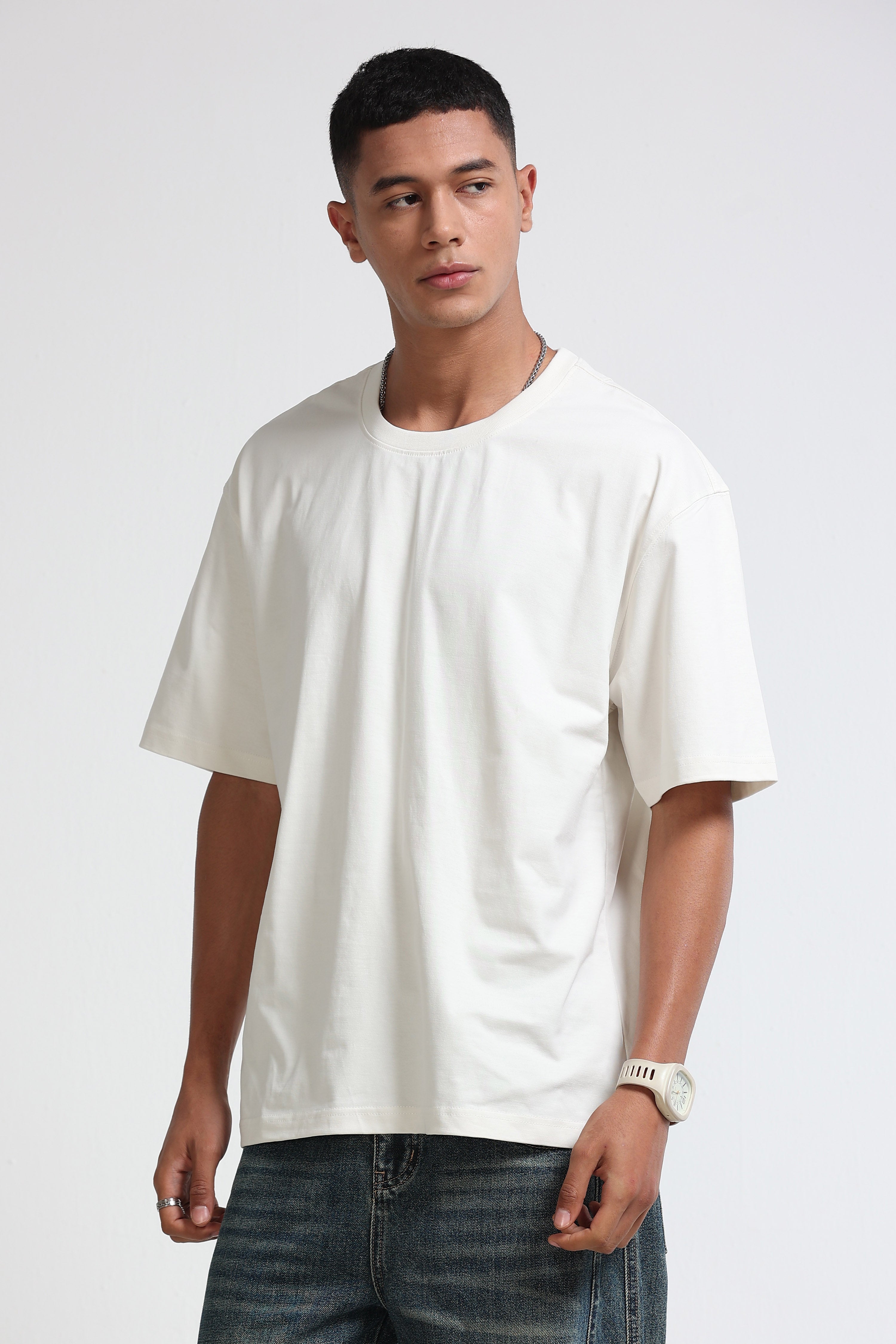 Men White Oversized Crew Neck T-Shirt