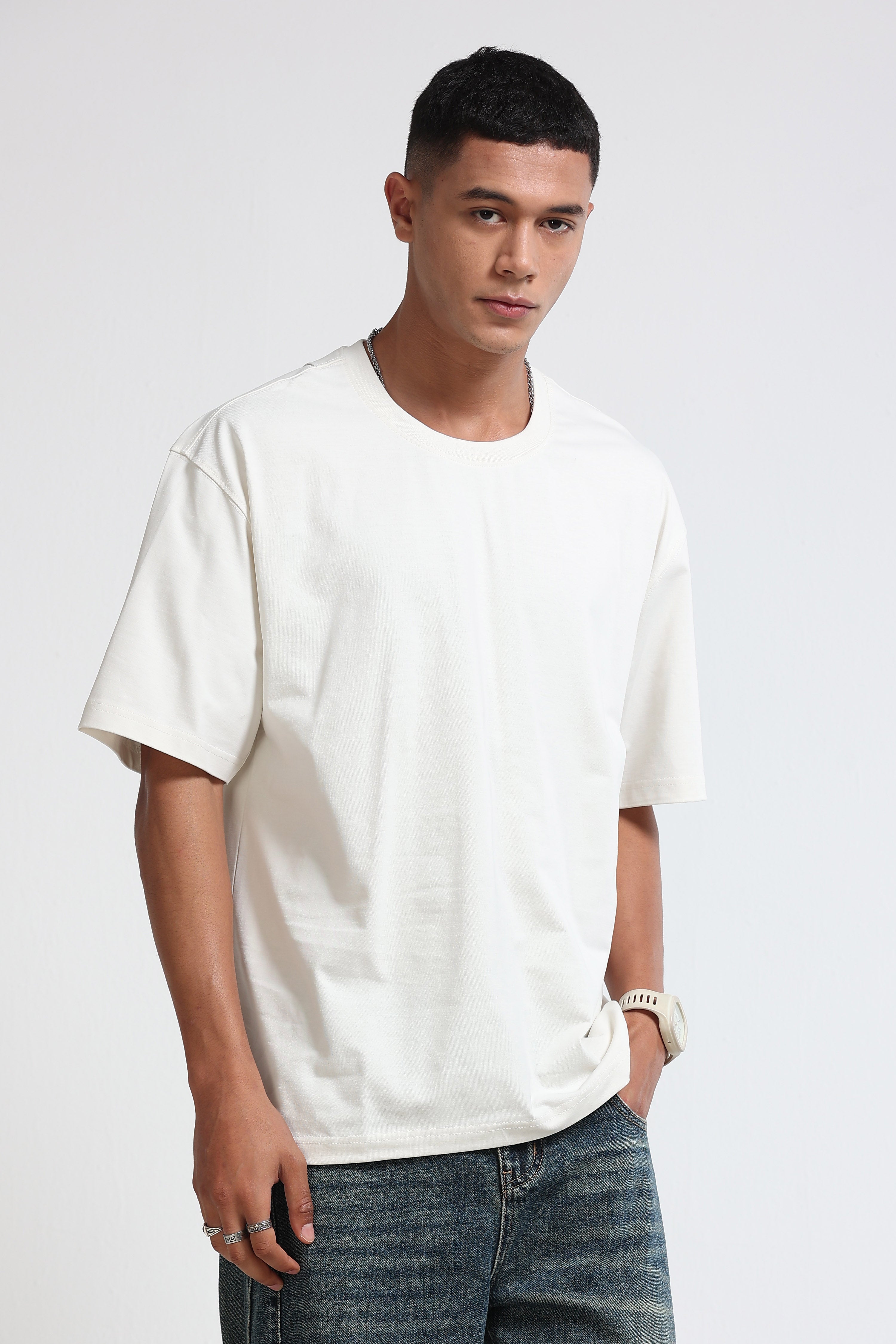 Men White Oversized Crew Neck T-Shirt