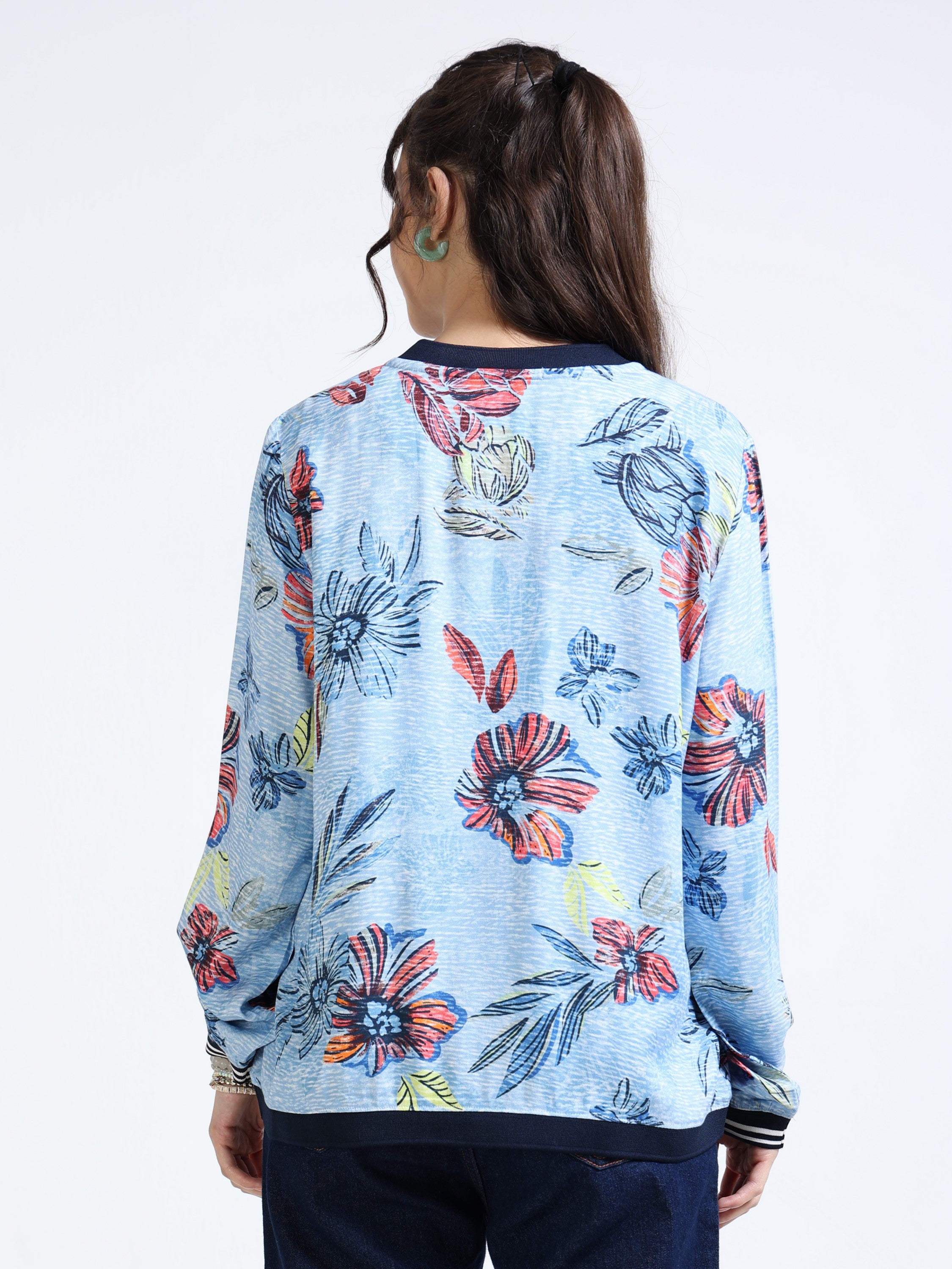 Women Blue Printed Relaxed Fit Jacket