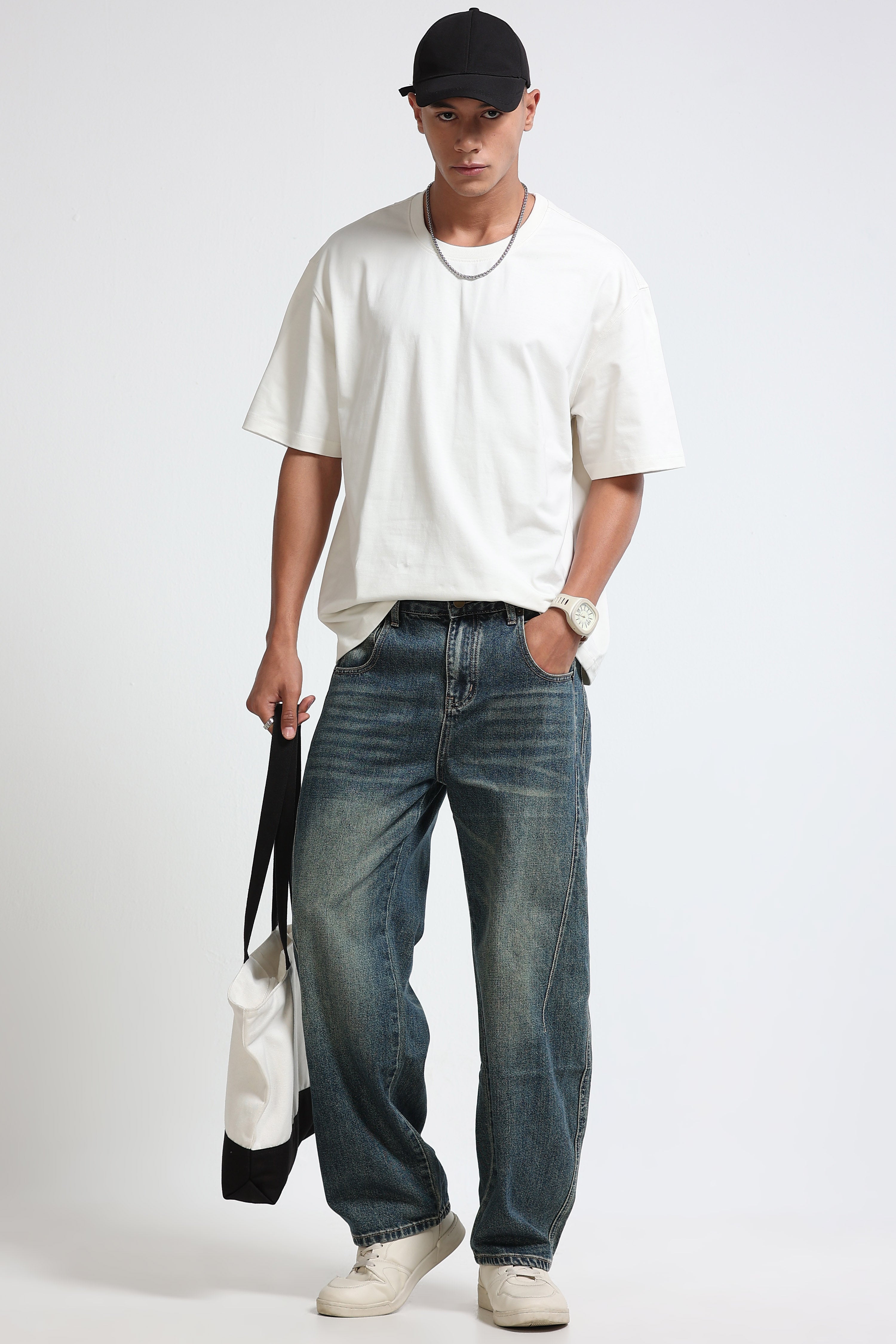 Men White Oversized Crew Neck T-Shirt