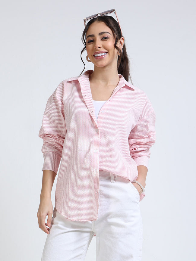 Women Peach and White Stripe Shirt