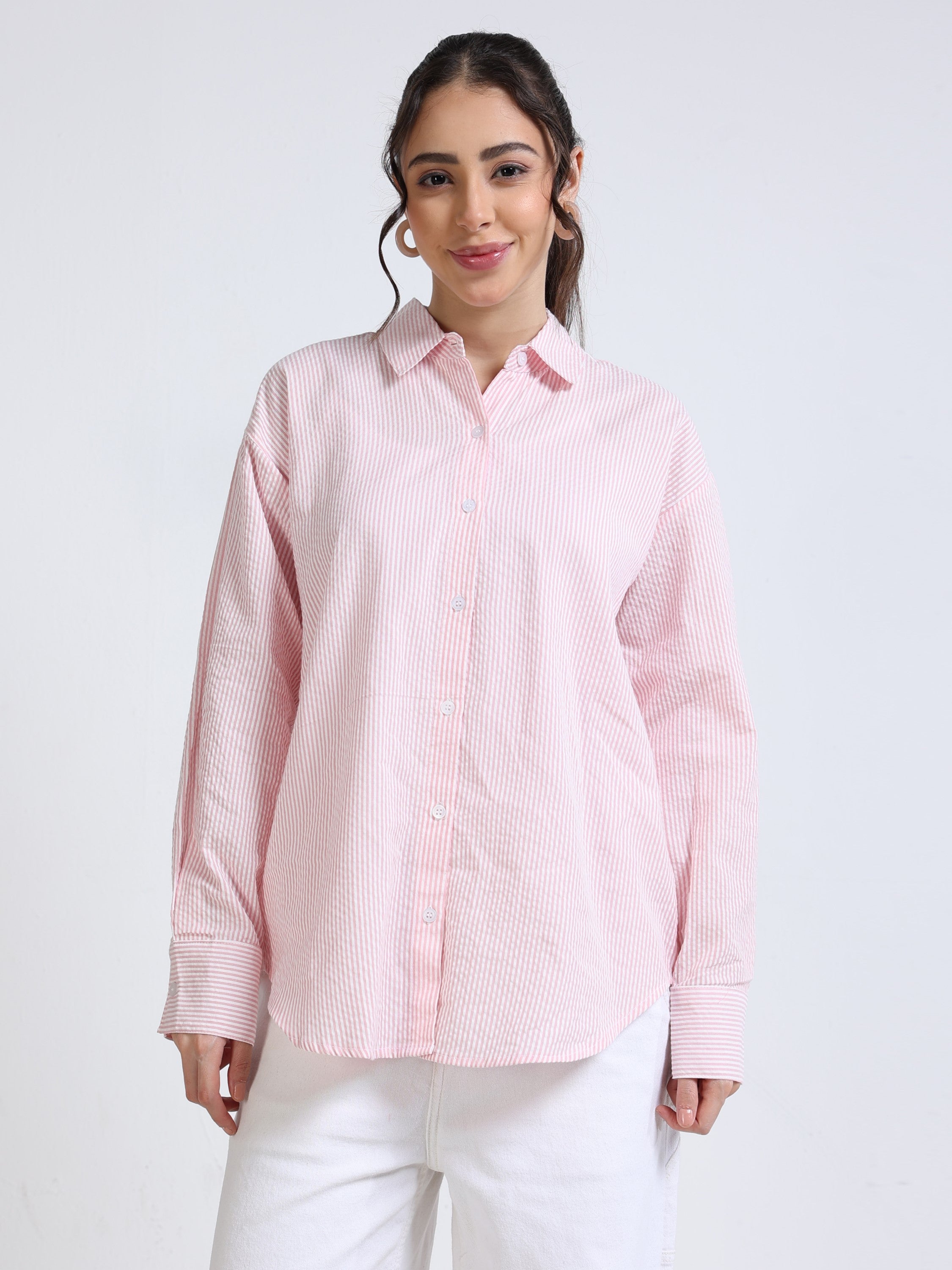 Women Peach and White Stripe Shirt