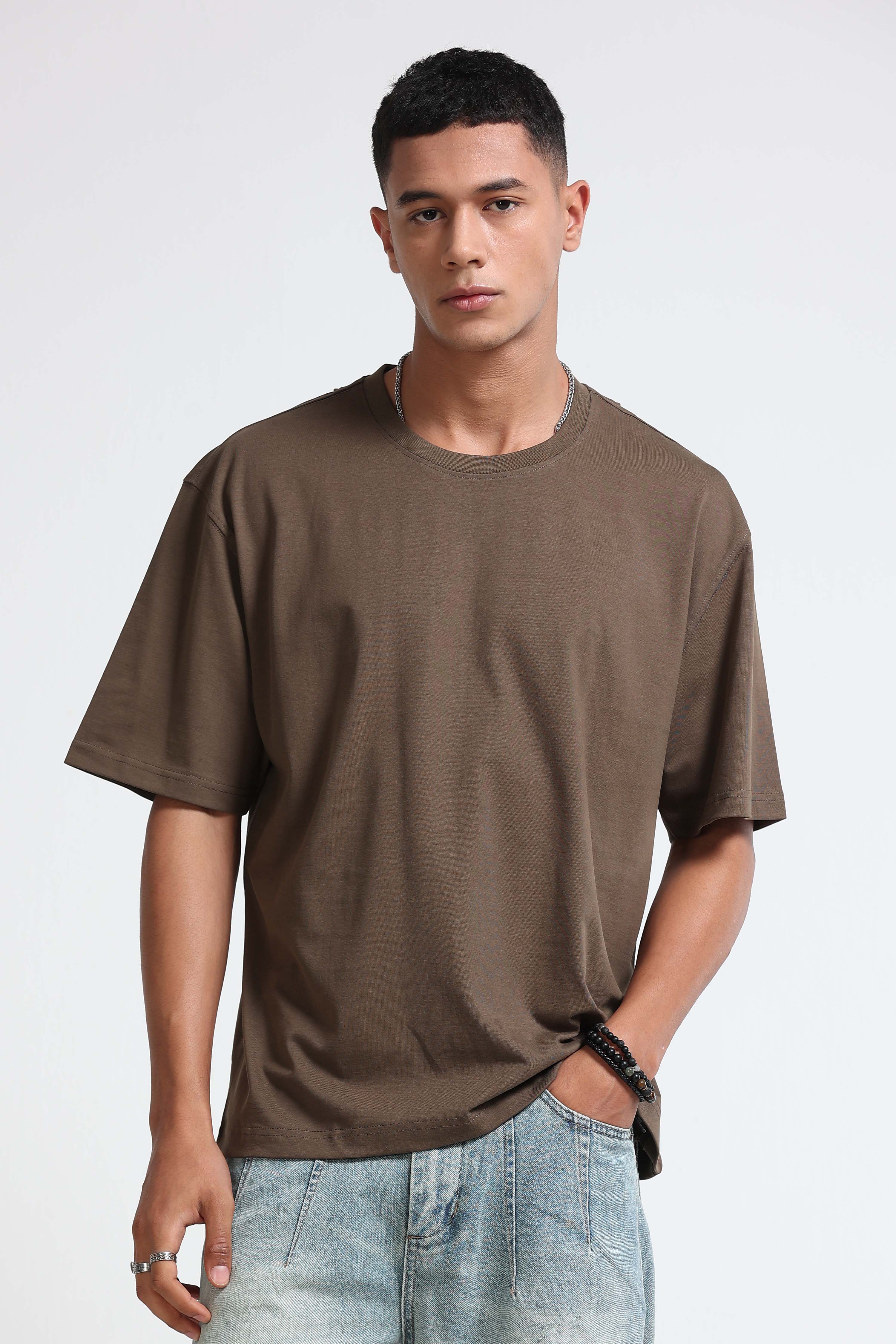 Men Olive Oversized Crew Neck T-Shirt