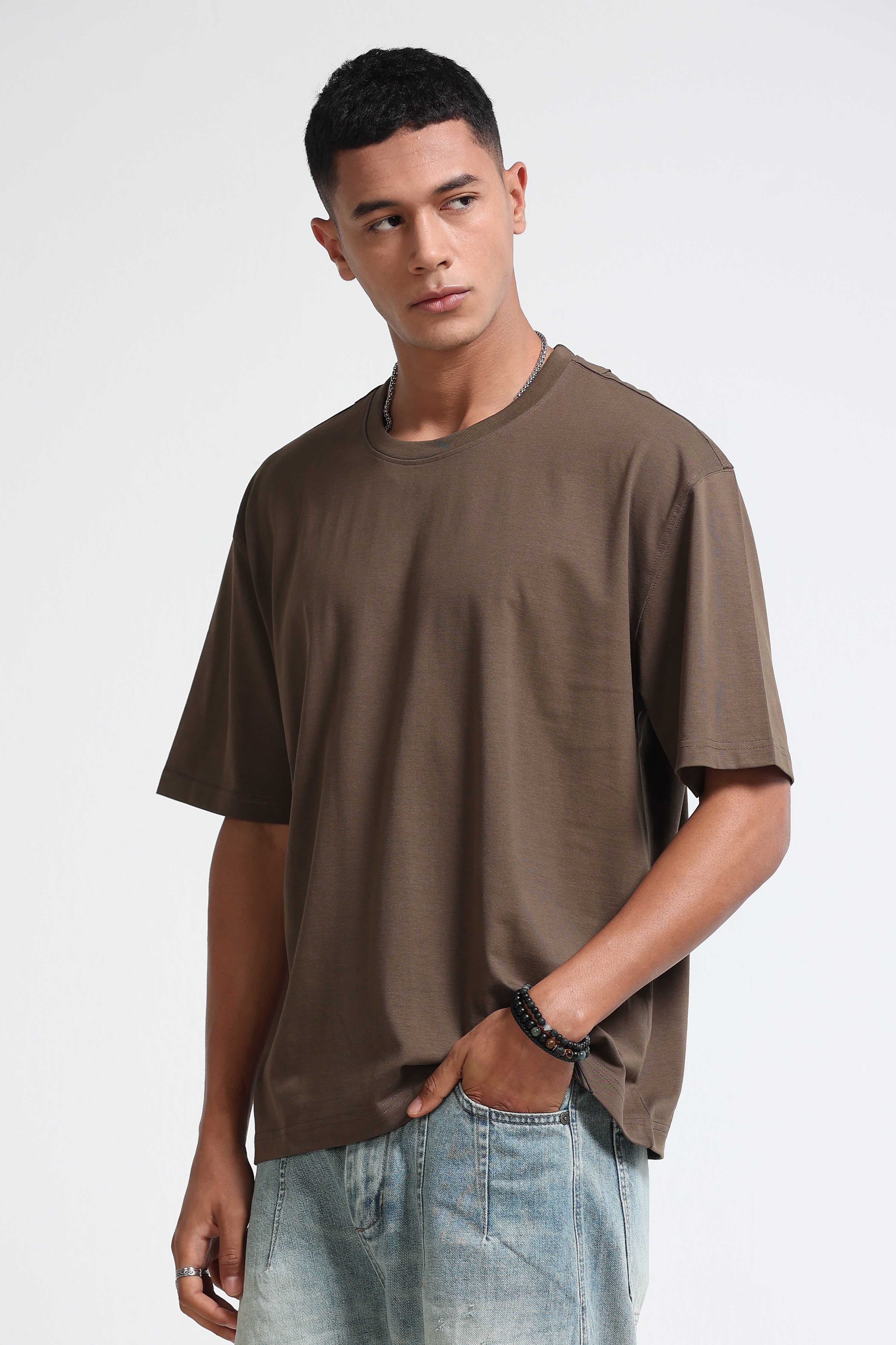 Men Olive Oversized Crew Neck T-Shirt