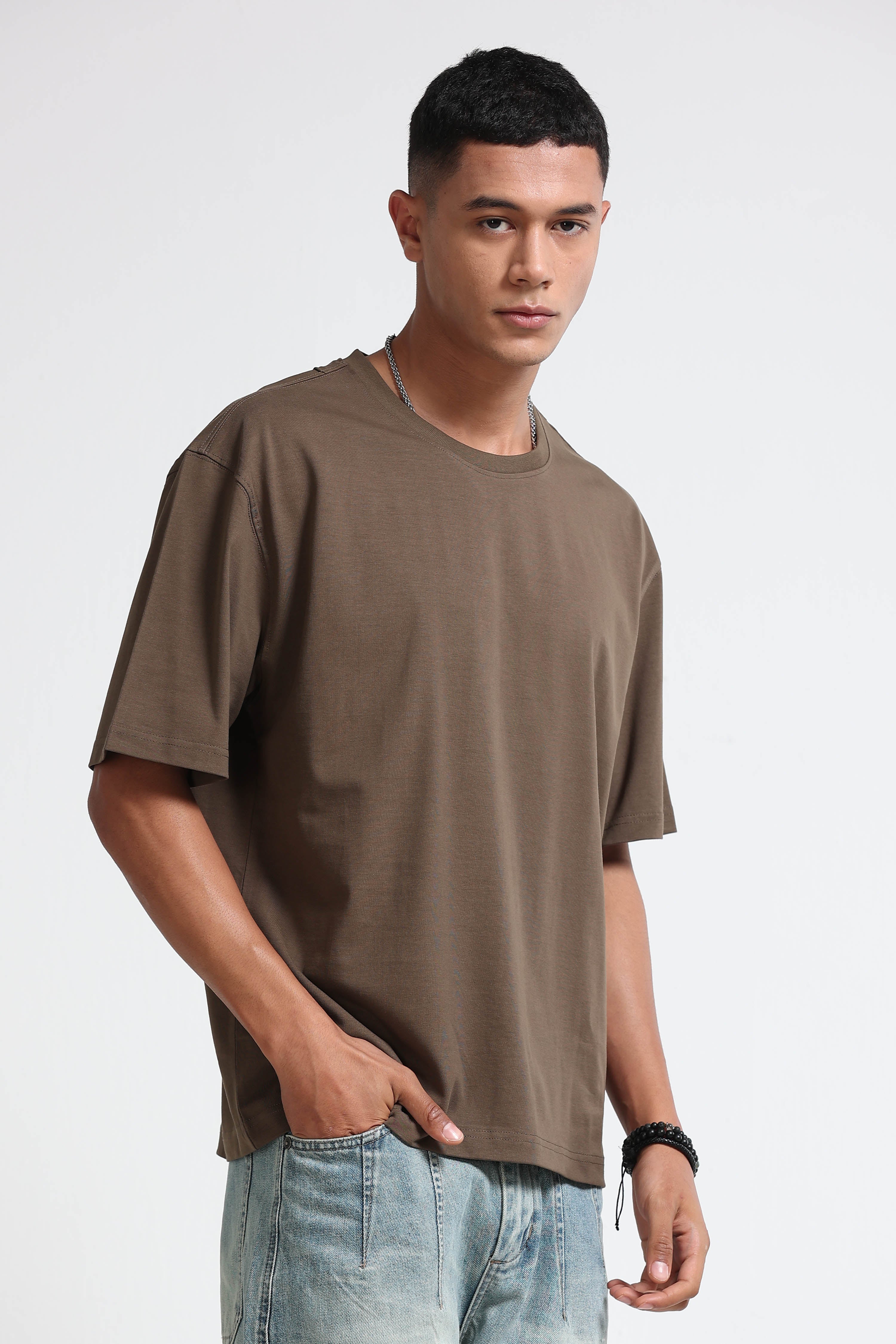 Men Olive Oversized Crew Neck T-Shirt