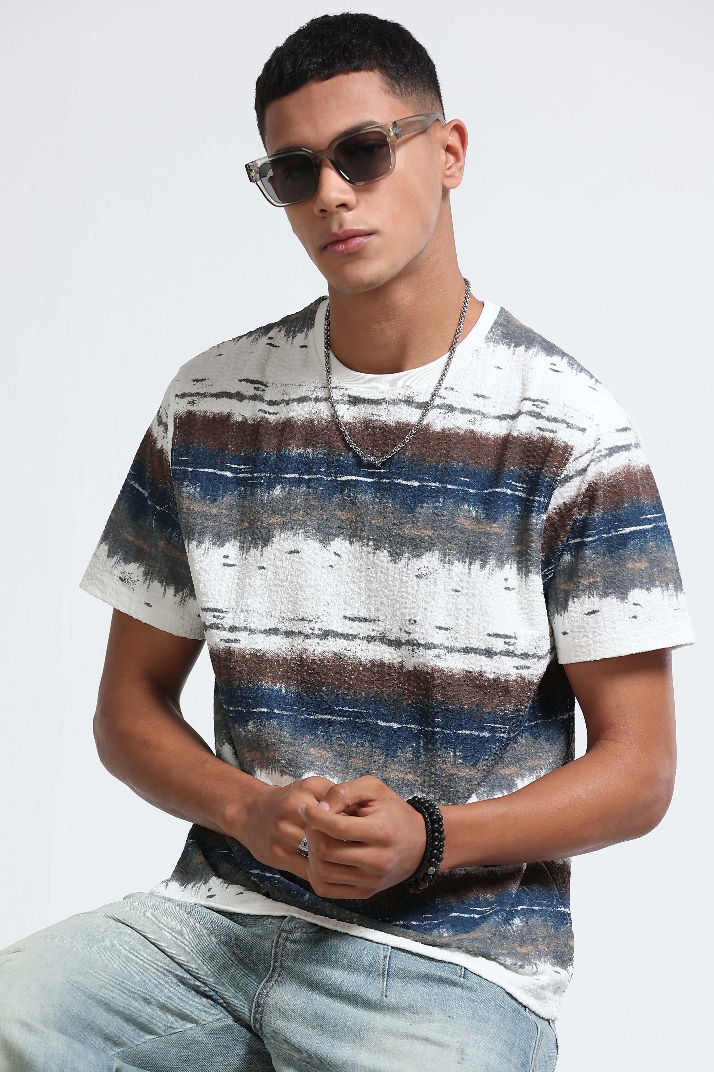 Men White Brush Stroke Print T-Shirt