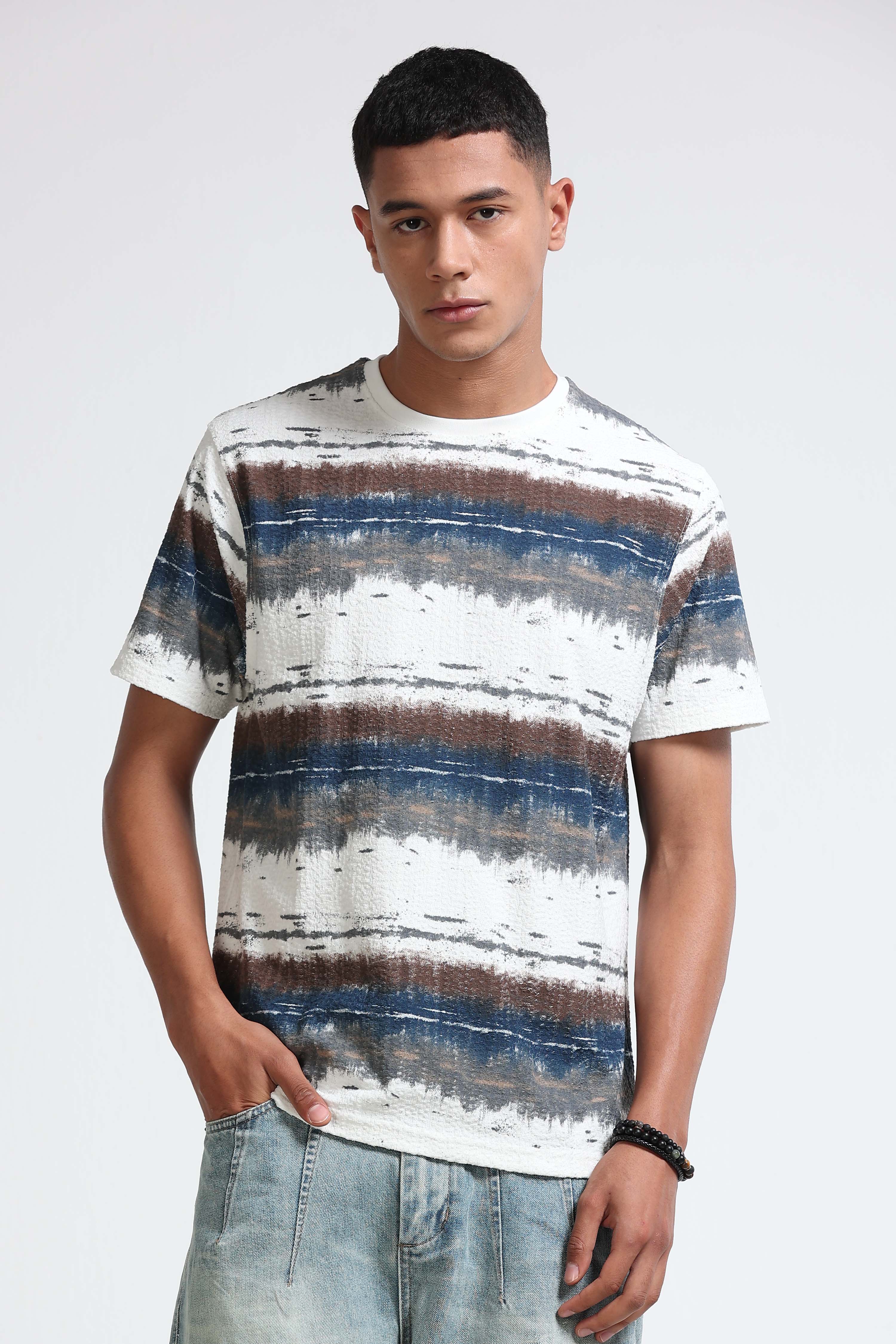 Men White Brush Stroke Print T-Shirt