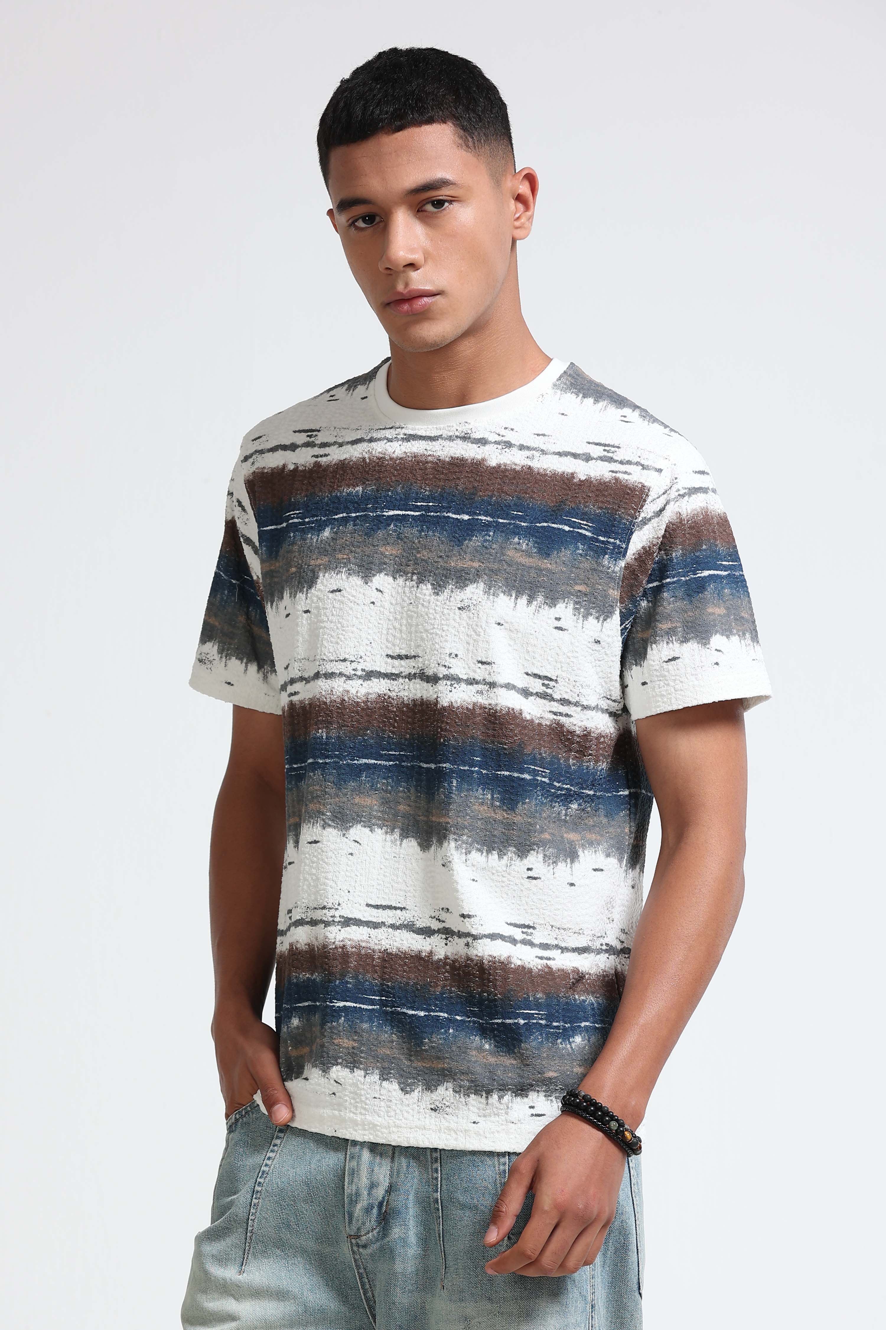 Men White Brush Stroke Print T-Shirt