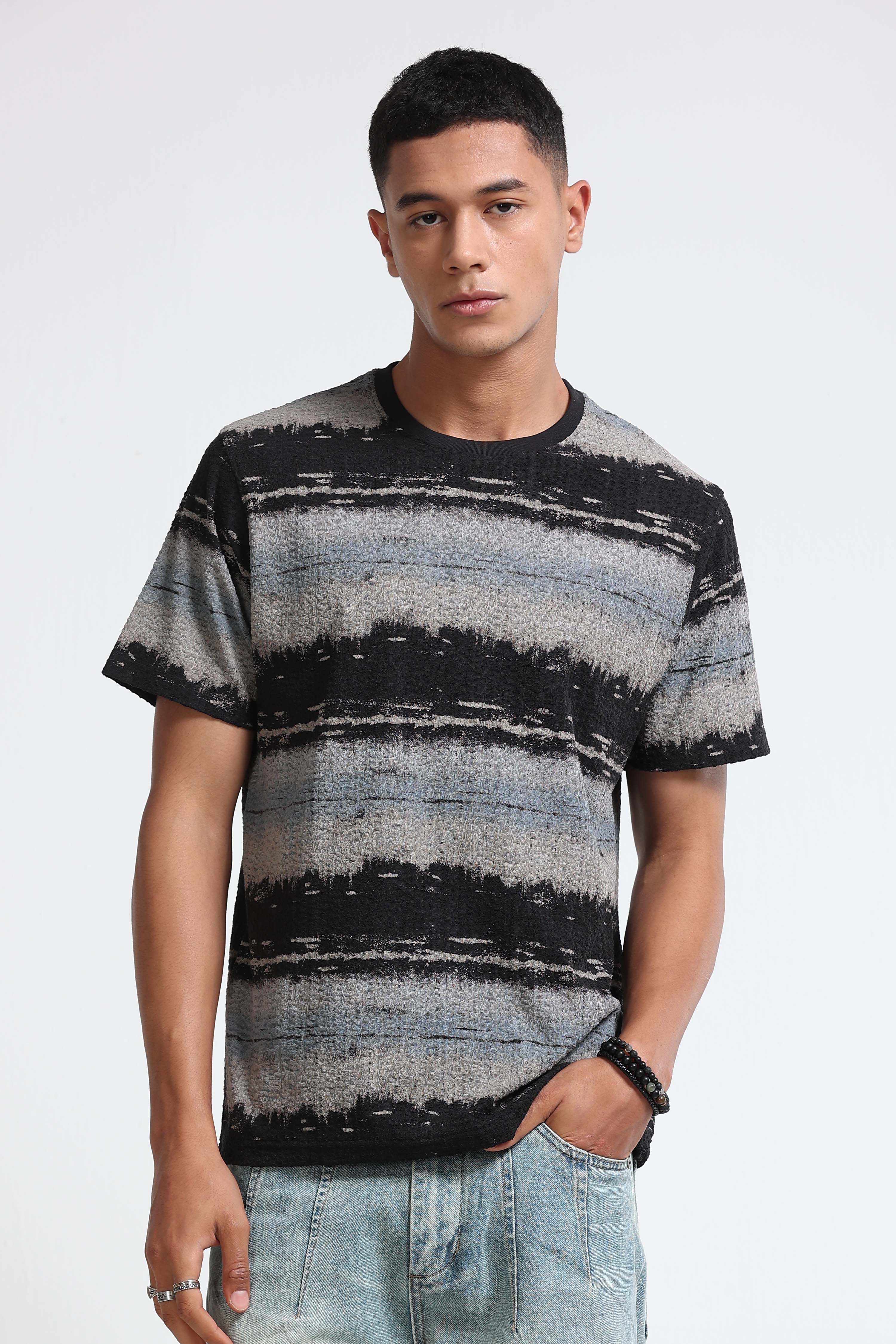 Men Grey Brush Stroke Print T-Shirt