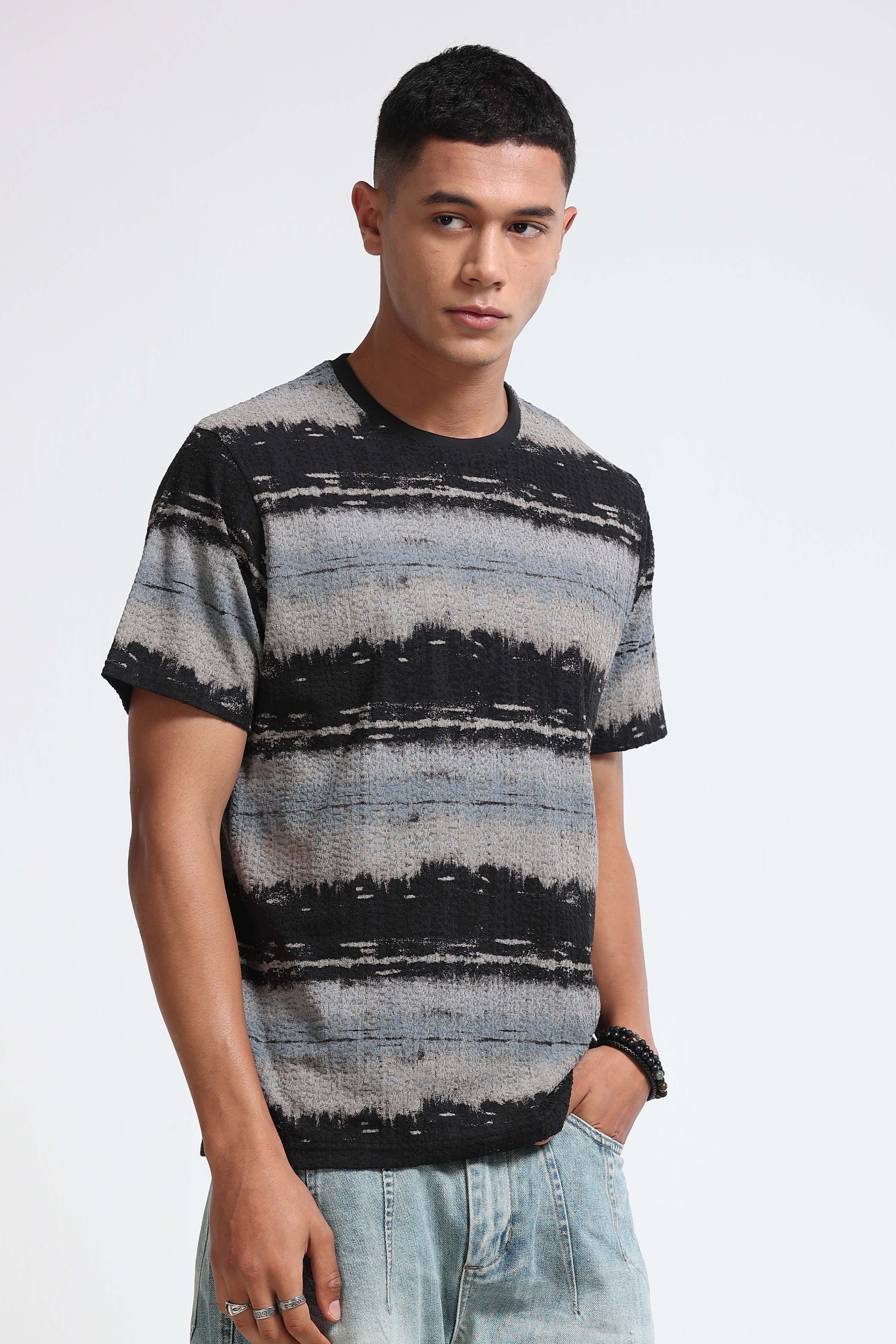 Men Grey Brush Stroke Print T-Shirt