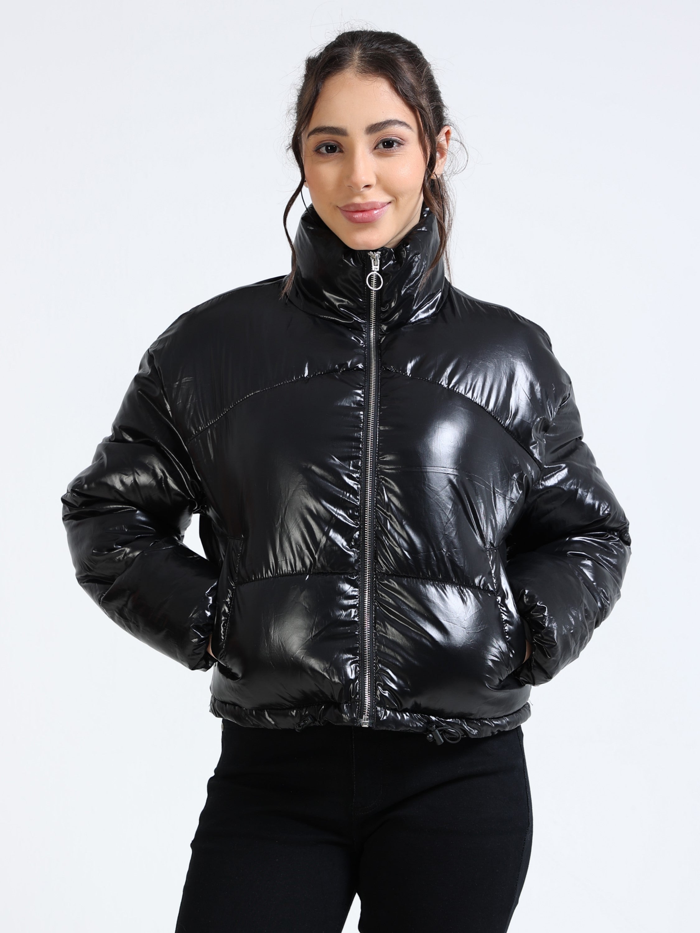 Women Black Shiny Puffer Black Jacket