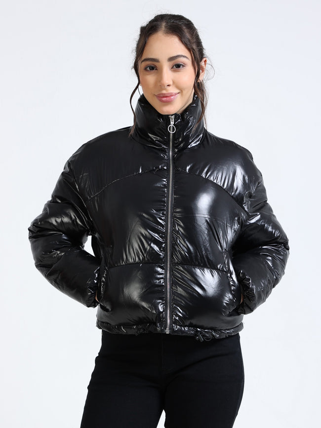 Women Black Shiny Puffer Black Jacket