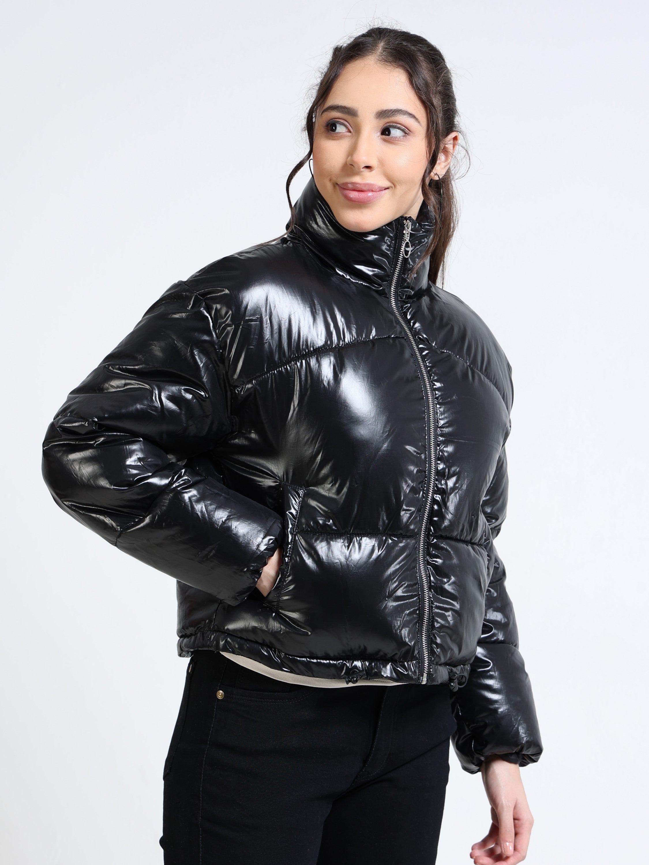 Women Black Shiny Puffer Black Jacket