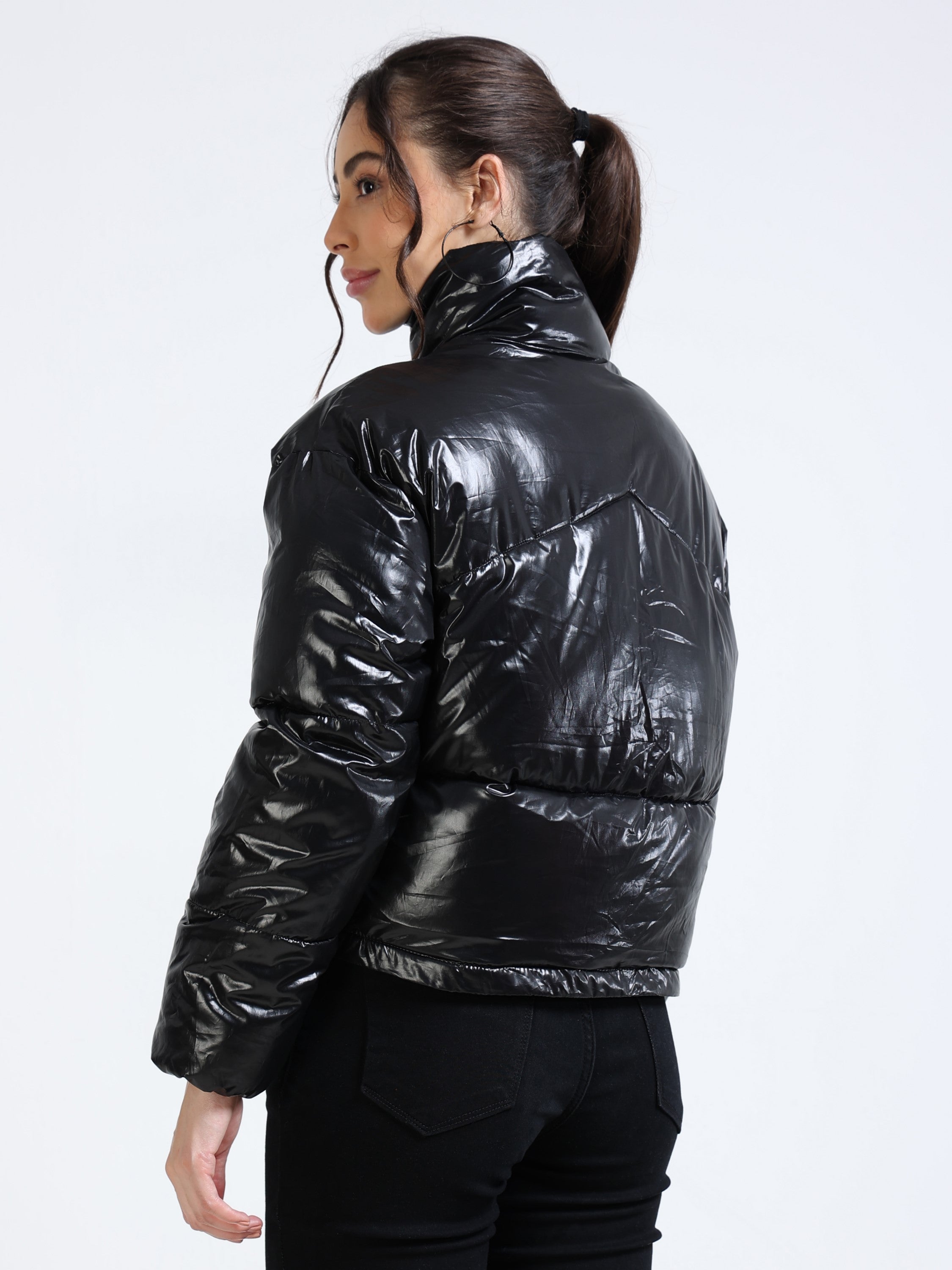 Women Black Shiny Puffer Black Jacket