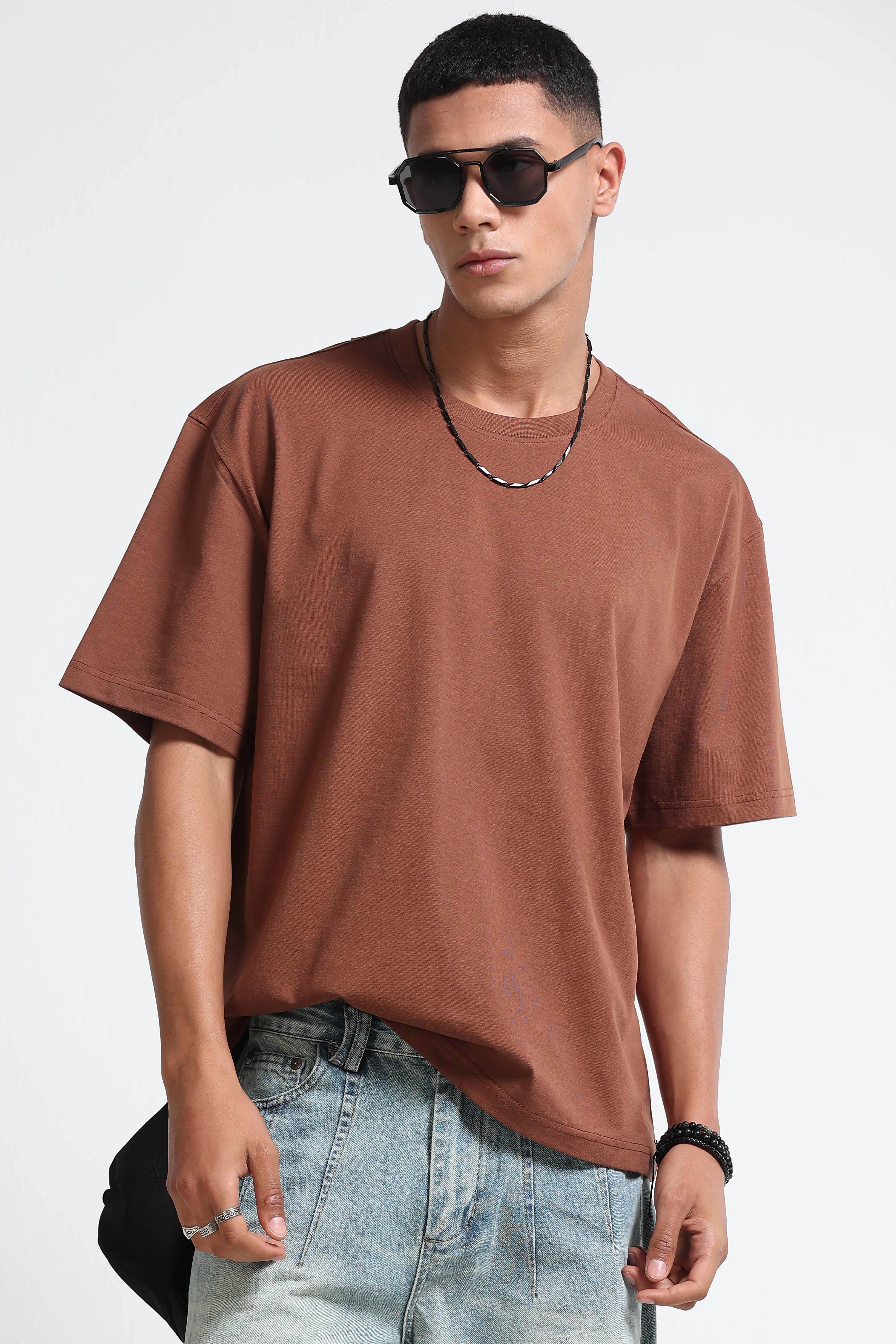 Men Brown Oversized Crew Neck T-Shirt
