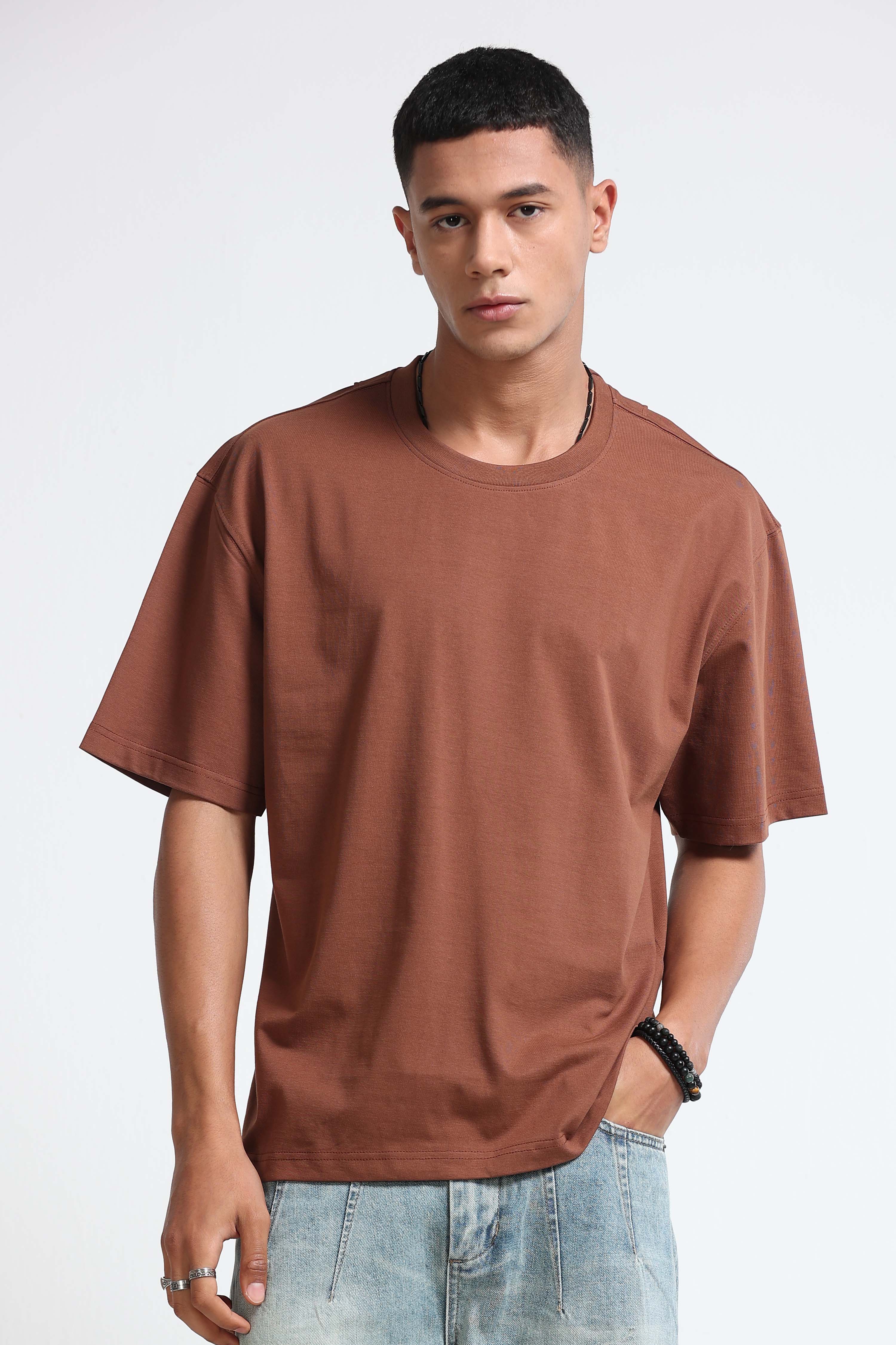 Men Brown Oversized Crew Neck T-Shirt