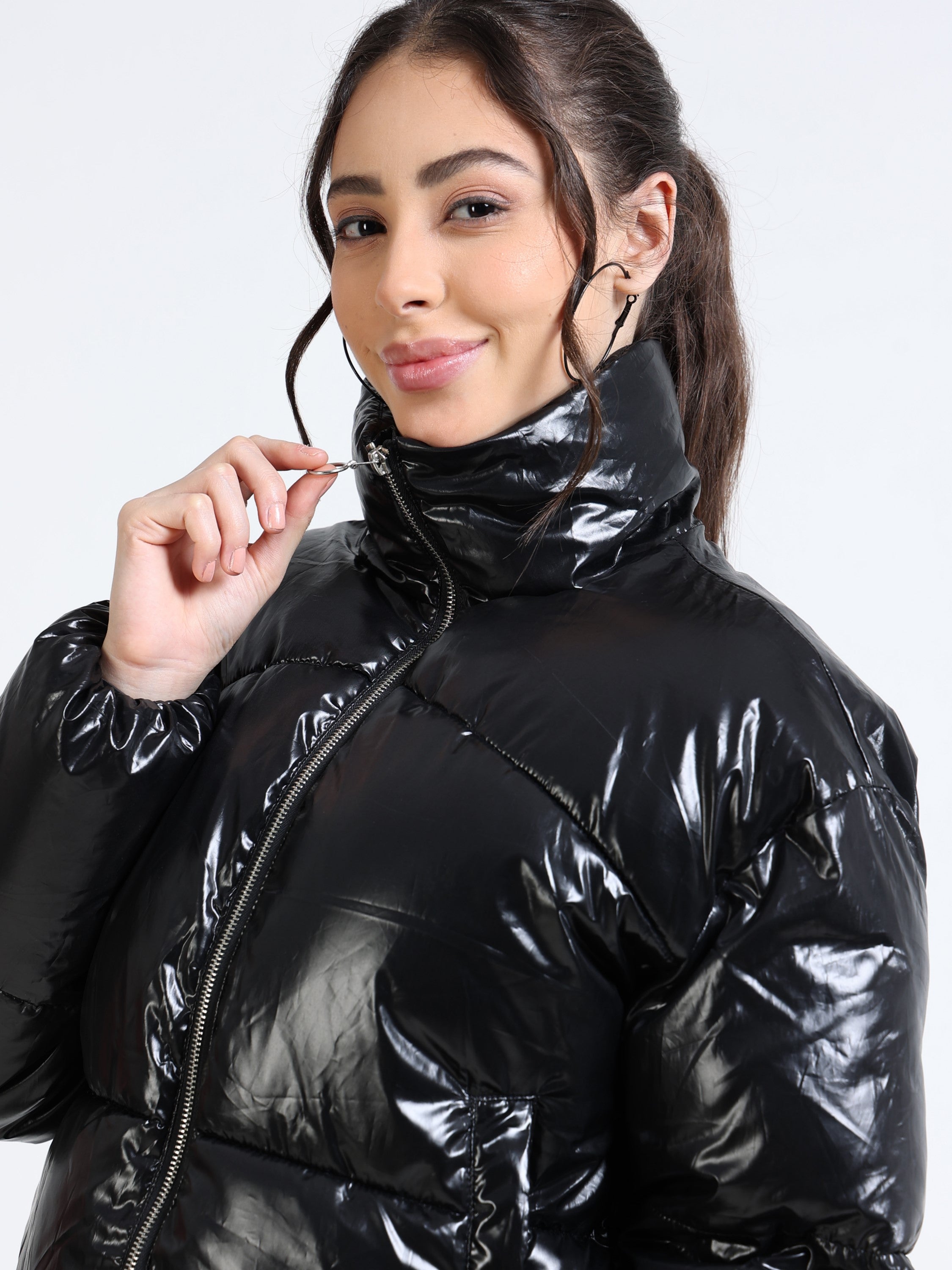Women Black Shiny Puffer Black Jacket
