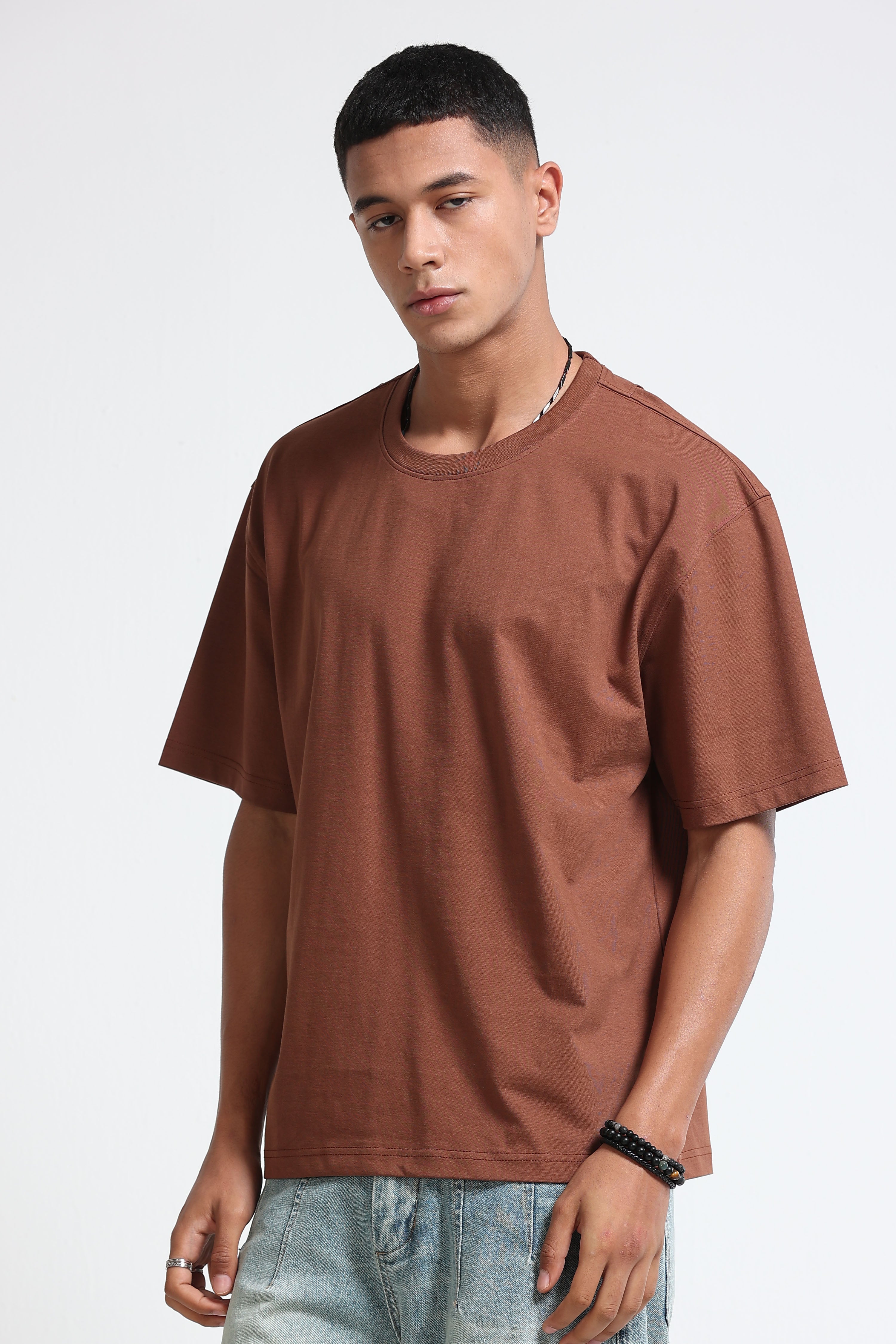 Men Brown Oversized Crew Neck T-Shirt
