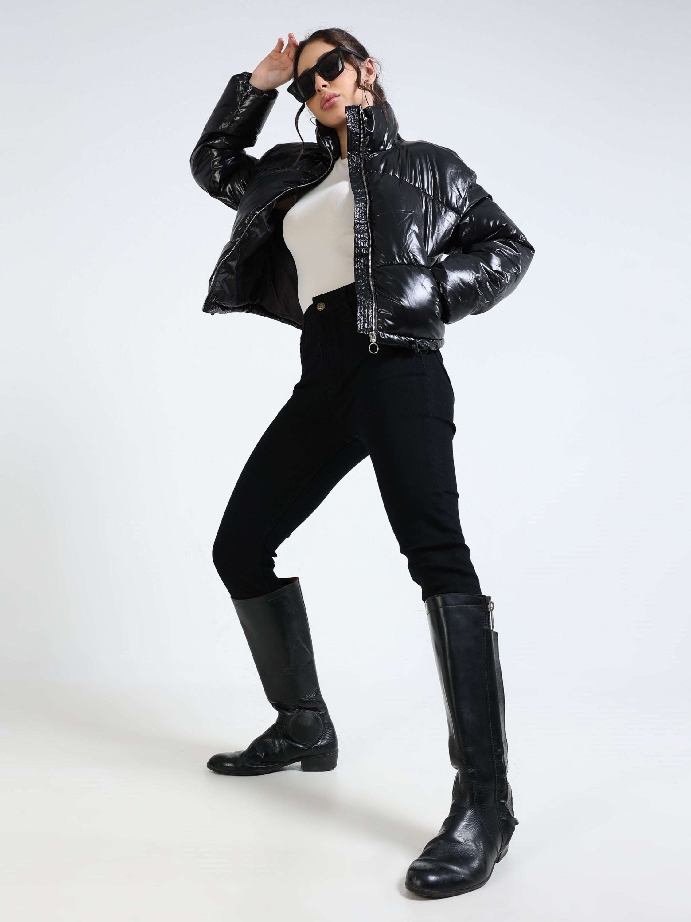 Women Black Shiny Puffer Black Jacket