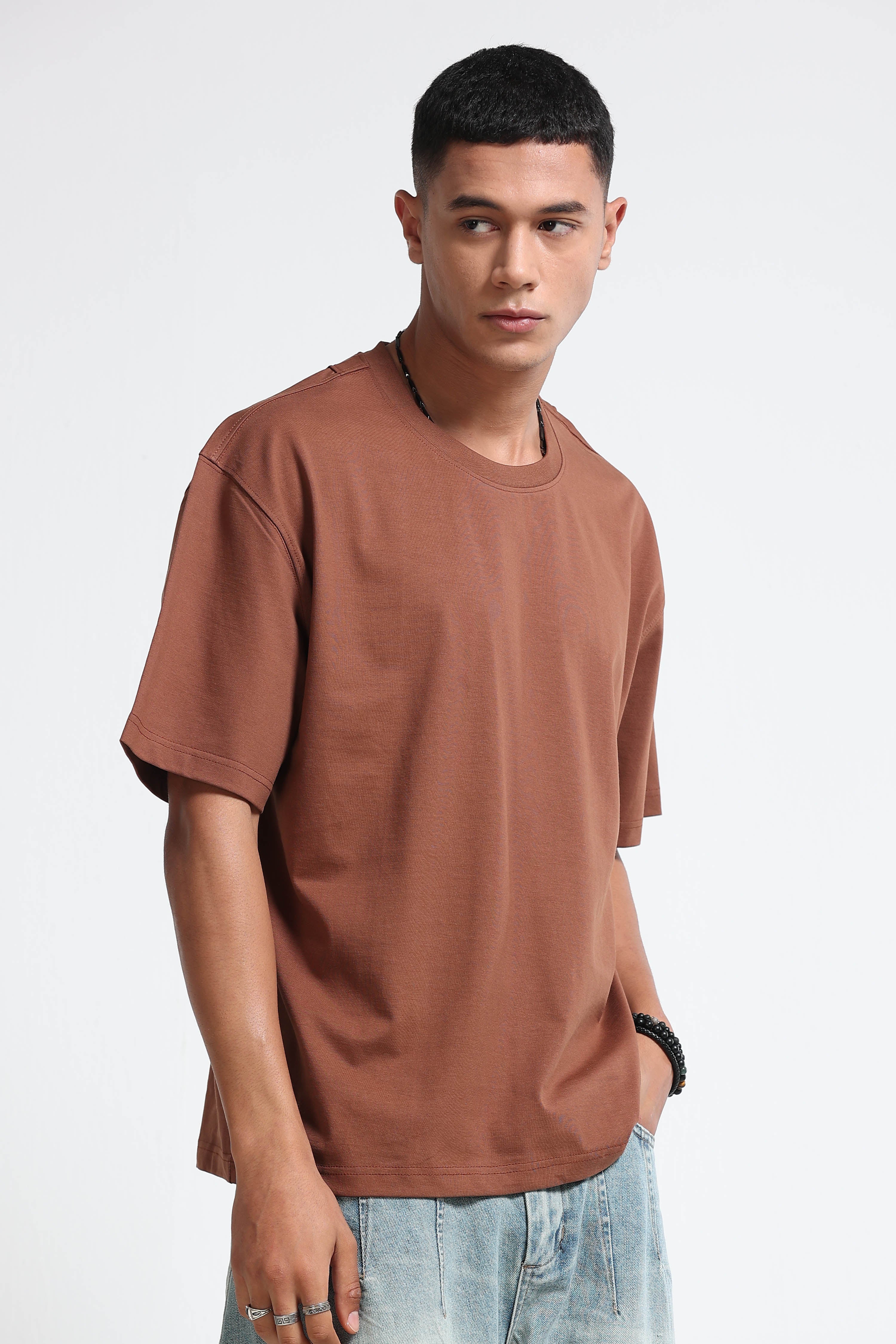 Men Brown Oversized Crew Neck T-Shirt