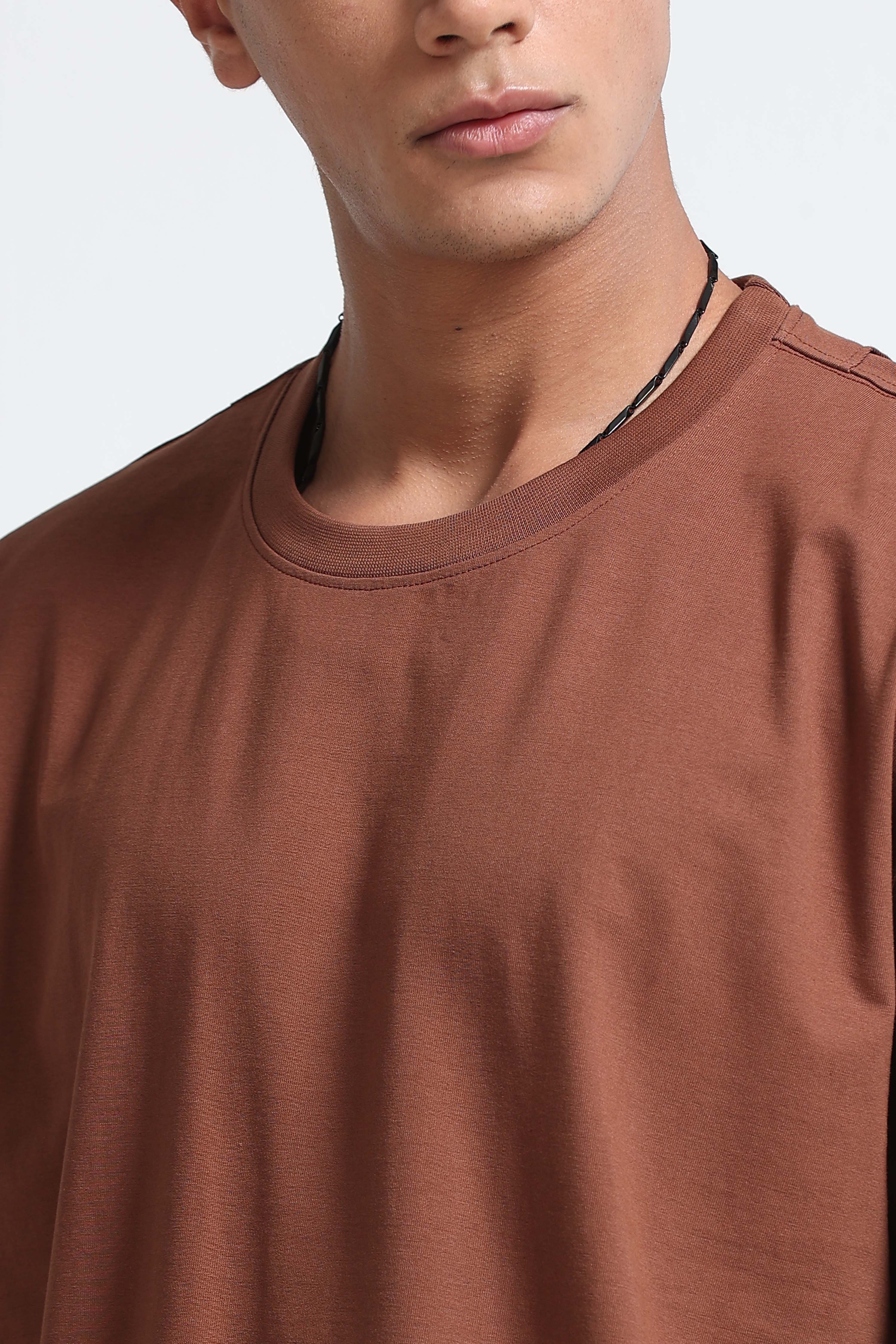 Men Brown Oversized Crew Neck T-Shirt
