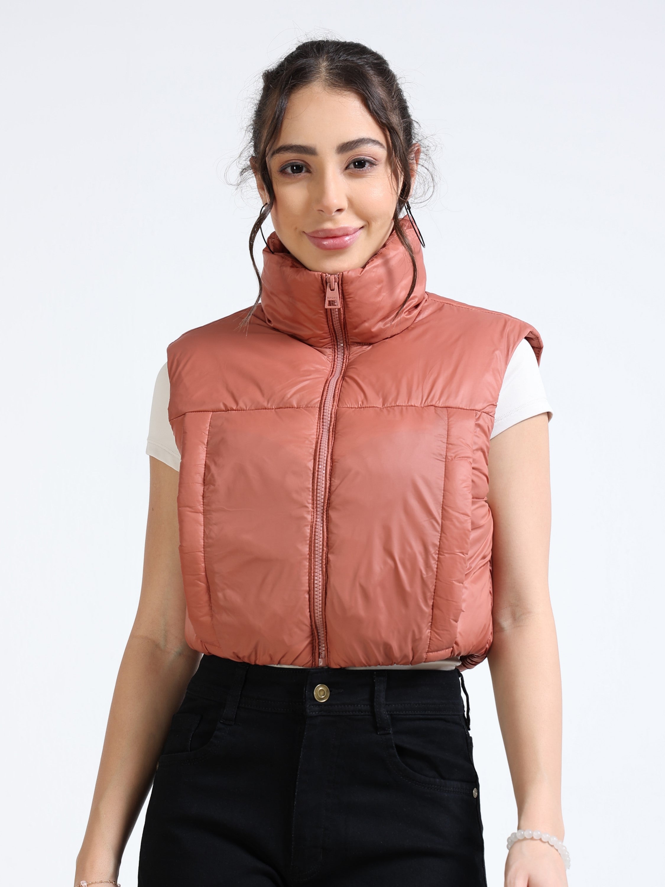 Women Brown Sleeveless puffer Jacket