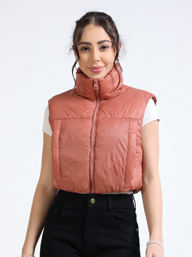 Women Brown Sleeveless puffer Jacket