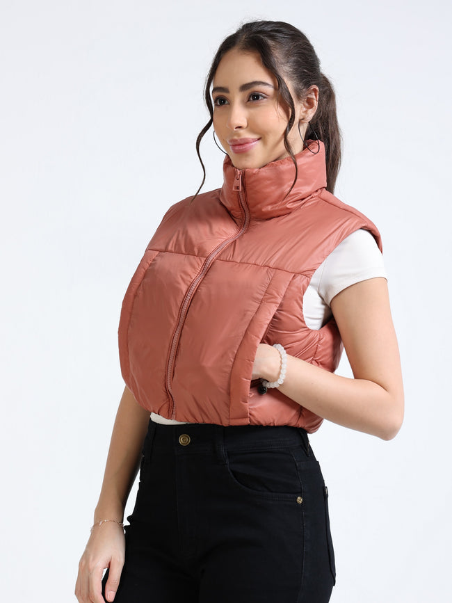 Women Brown Sleeveless puffer Jacket