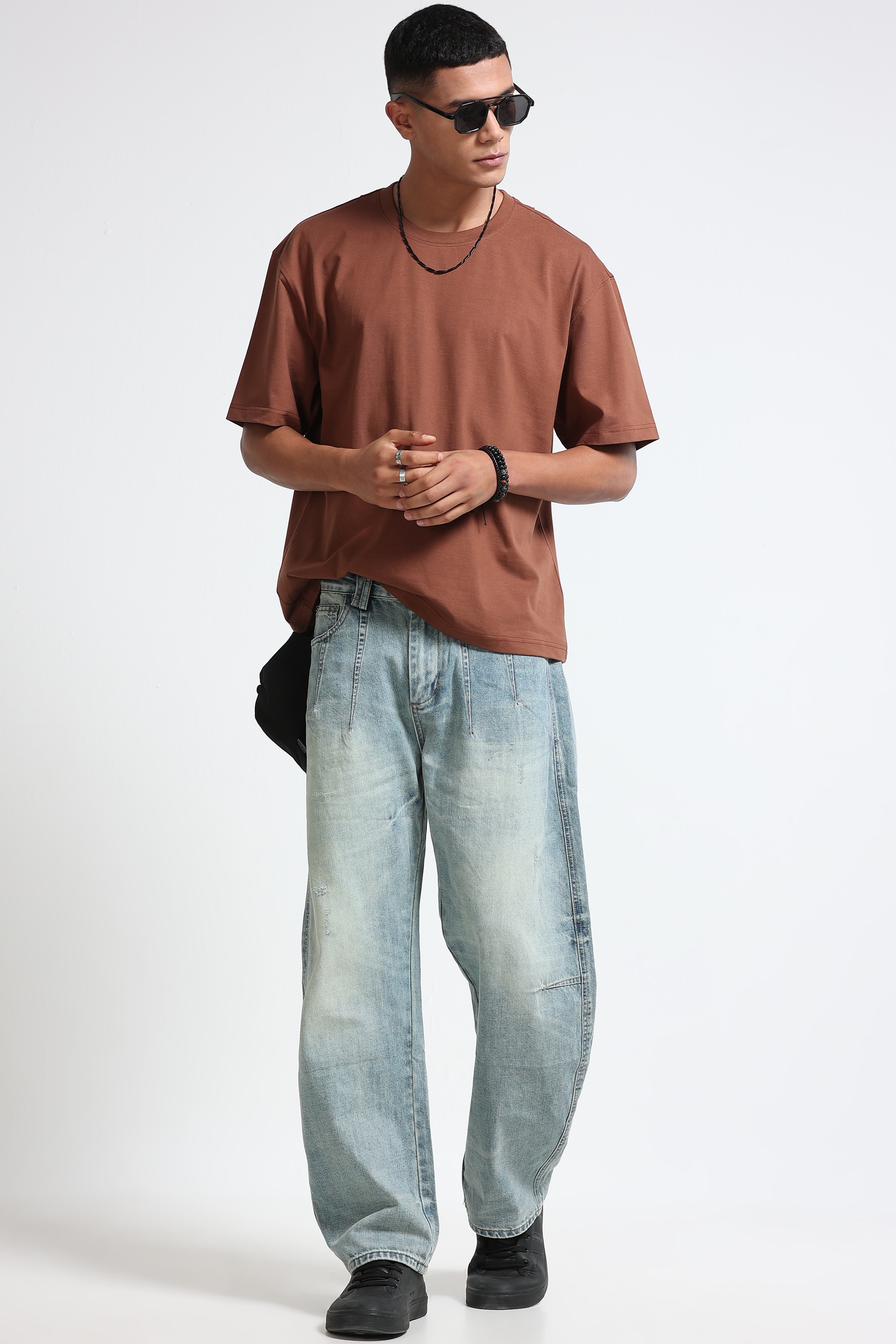 Men Brown Oversized Crew Neck T-Shirt