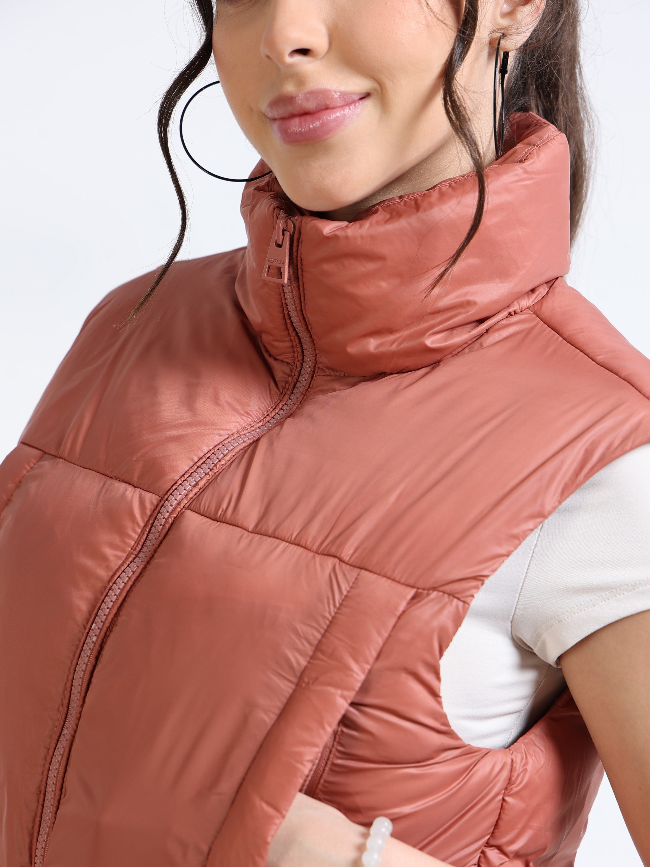 Women Brown Sleeveless puffer Jacket