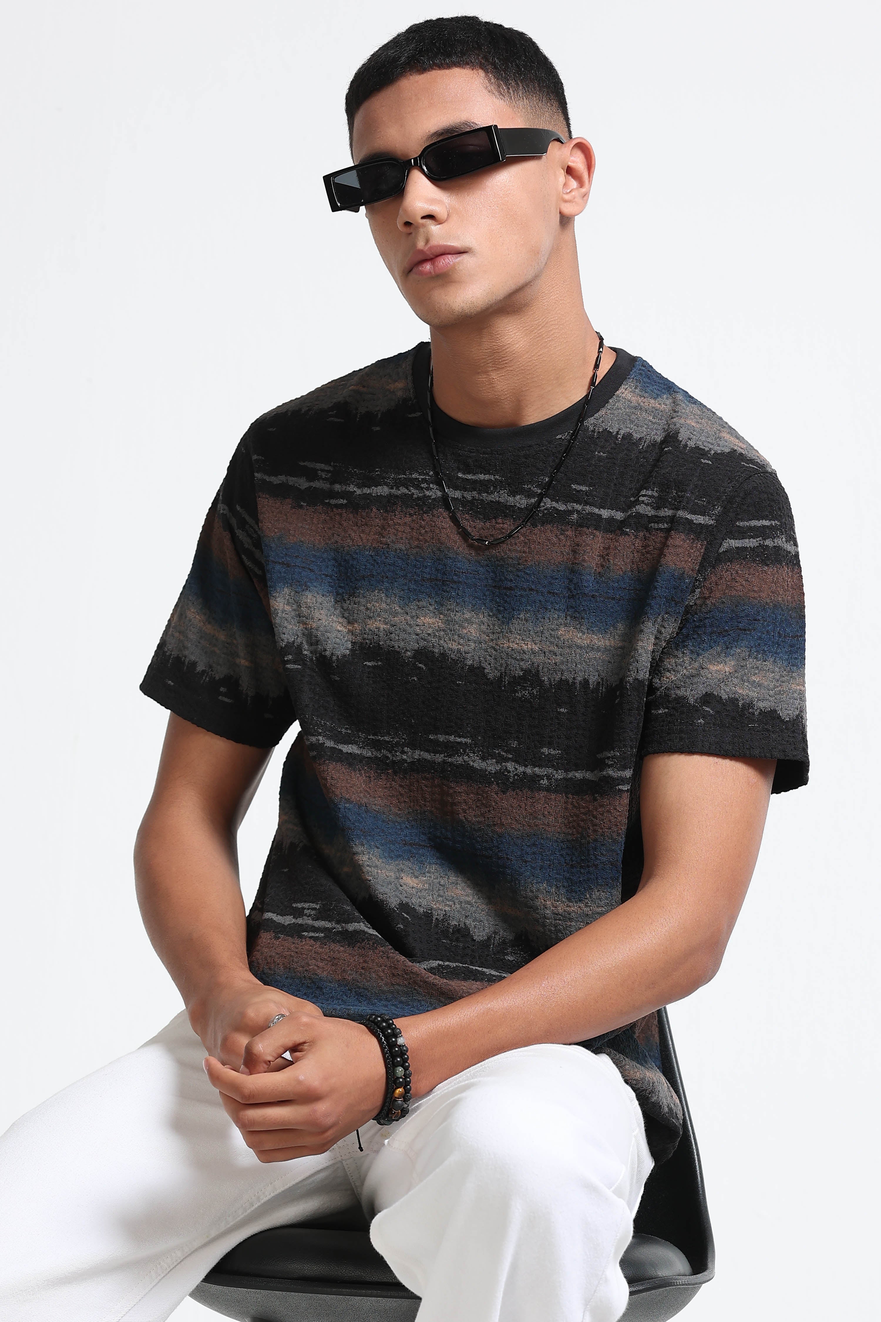 Men Blue Brush Stroke Print T-Shirt