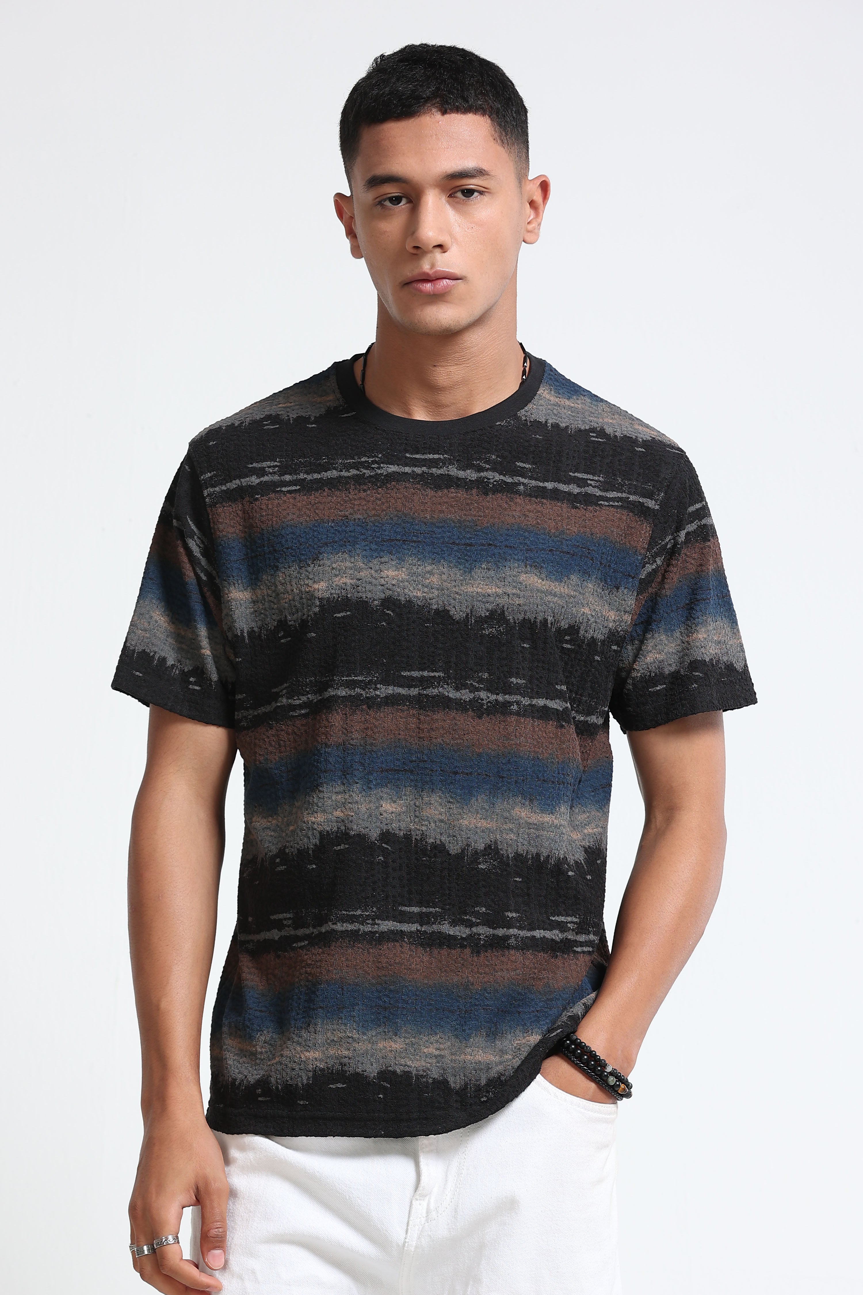 Men Blue Brush Stroke Print T-Shirt
