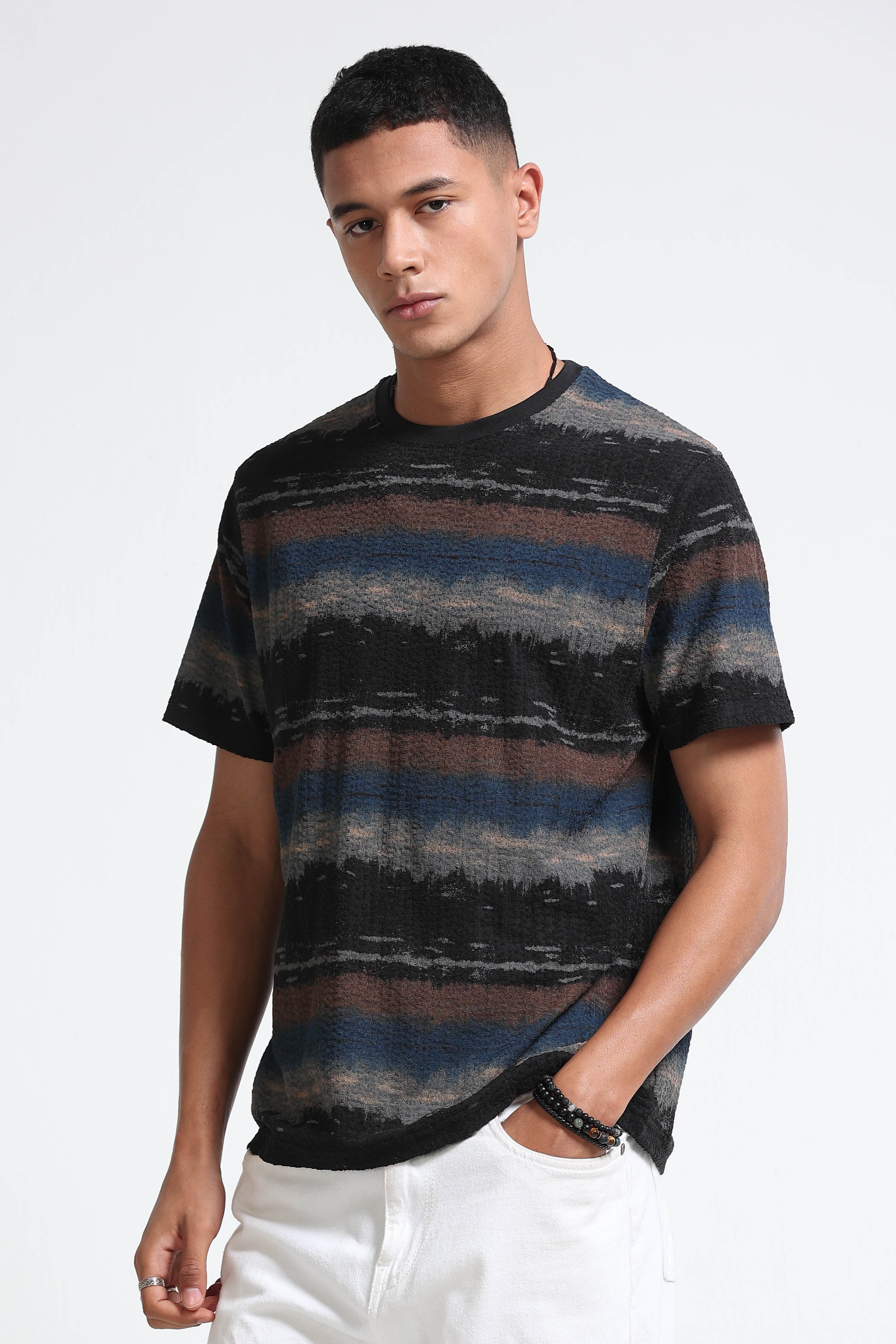 Men Blue Brush Stroke Print T-Shirt