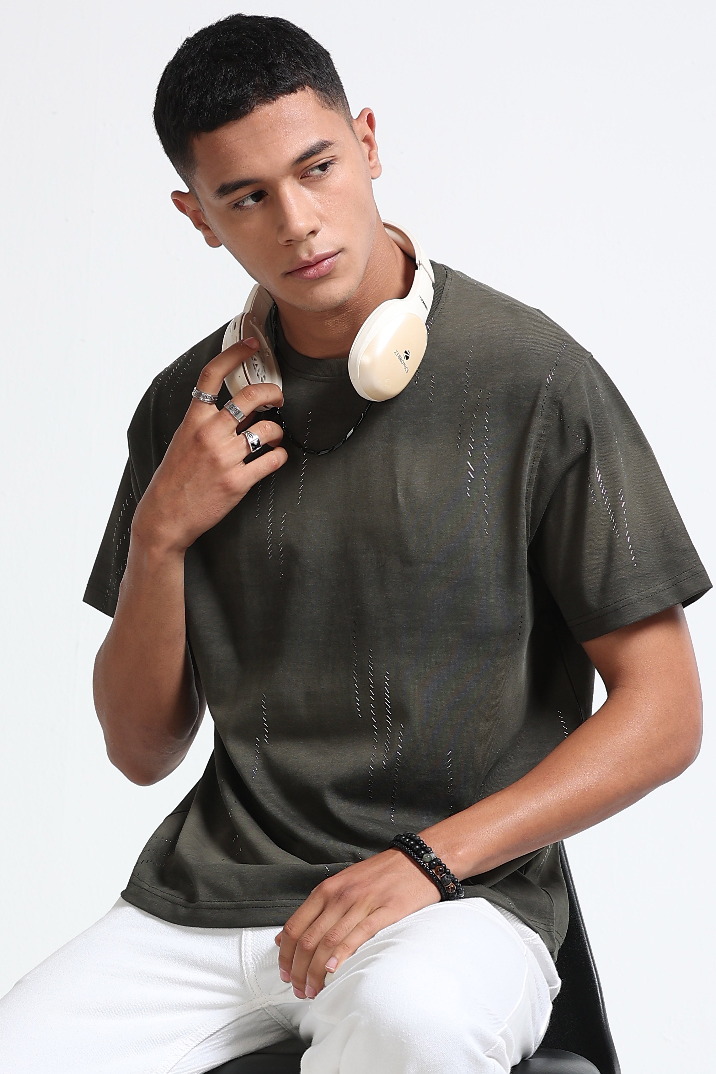 Men Olive Minimal Textured T-Shirt