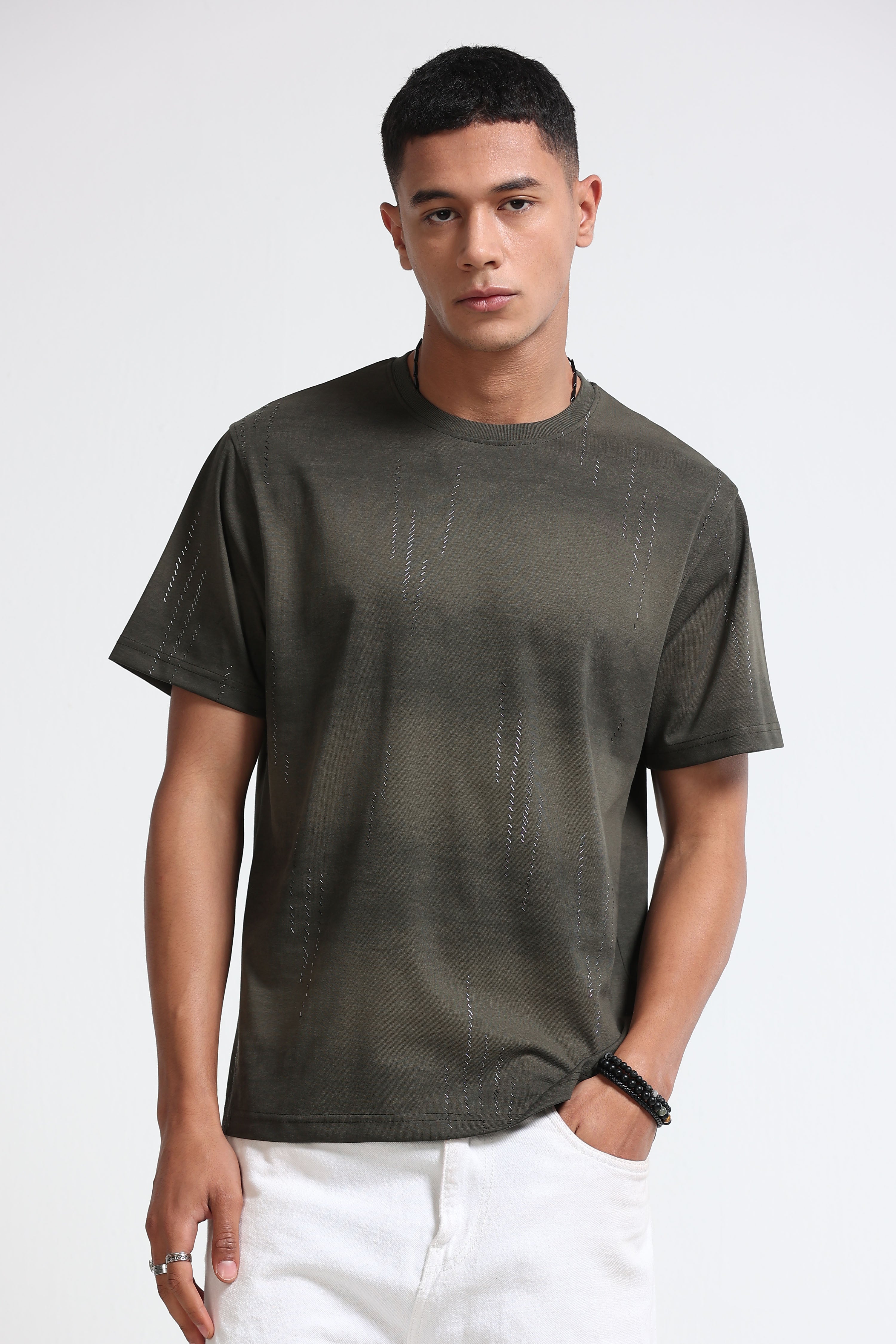 Men Olive Minimal Textured T-Shirt