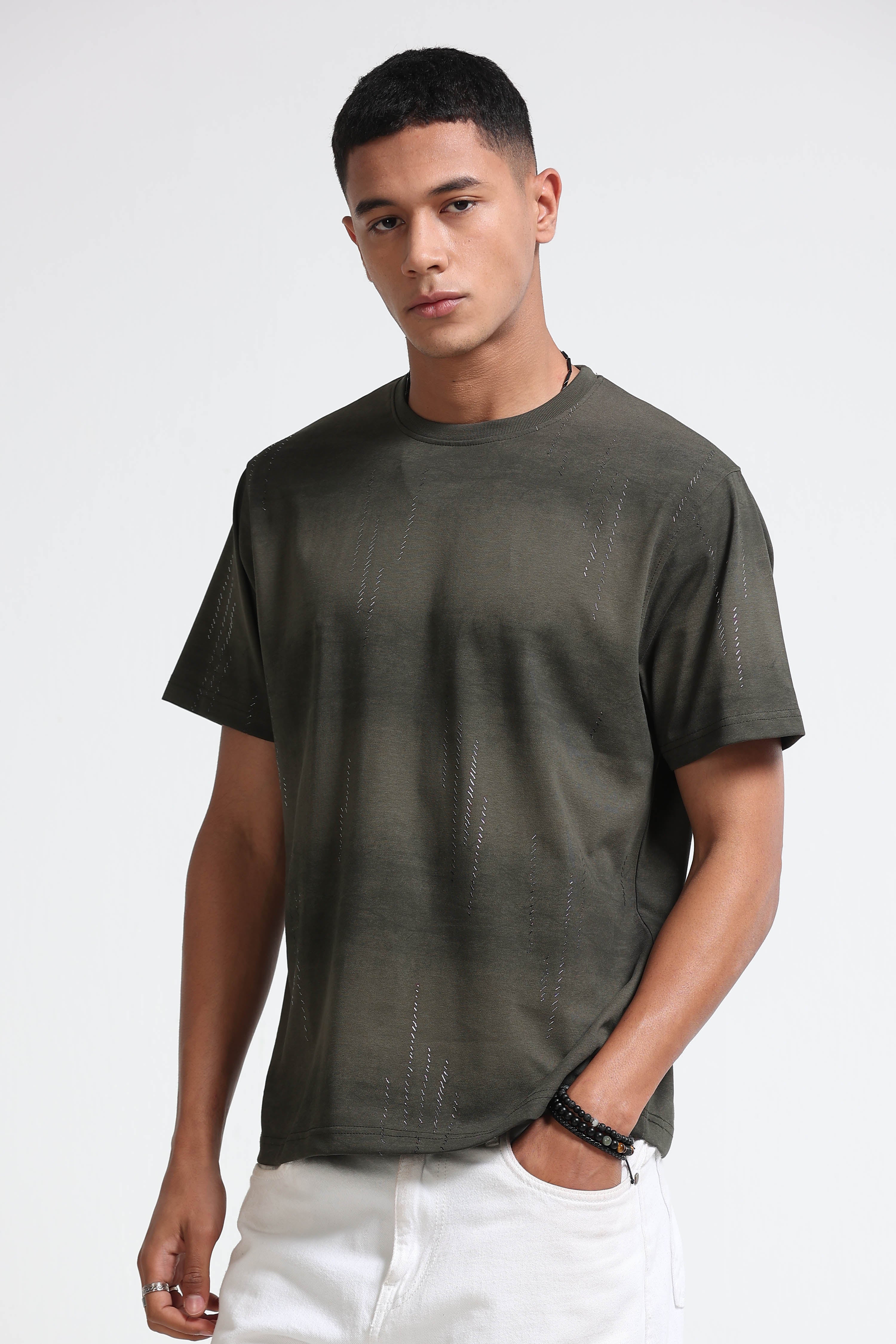Men Olive Minimal Textured T-Shirt