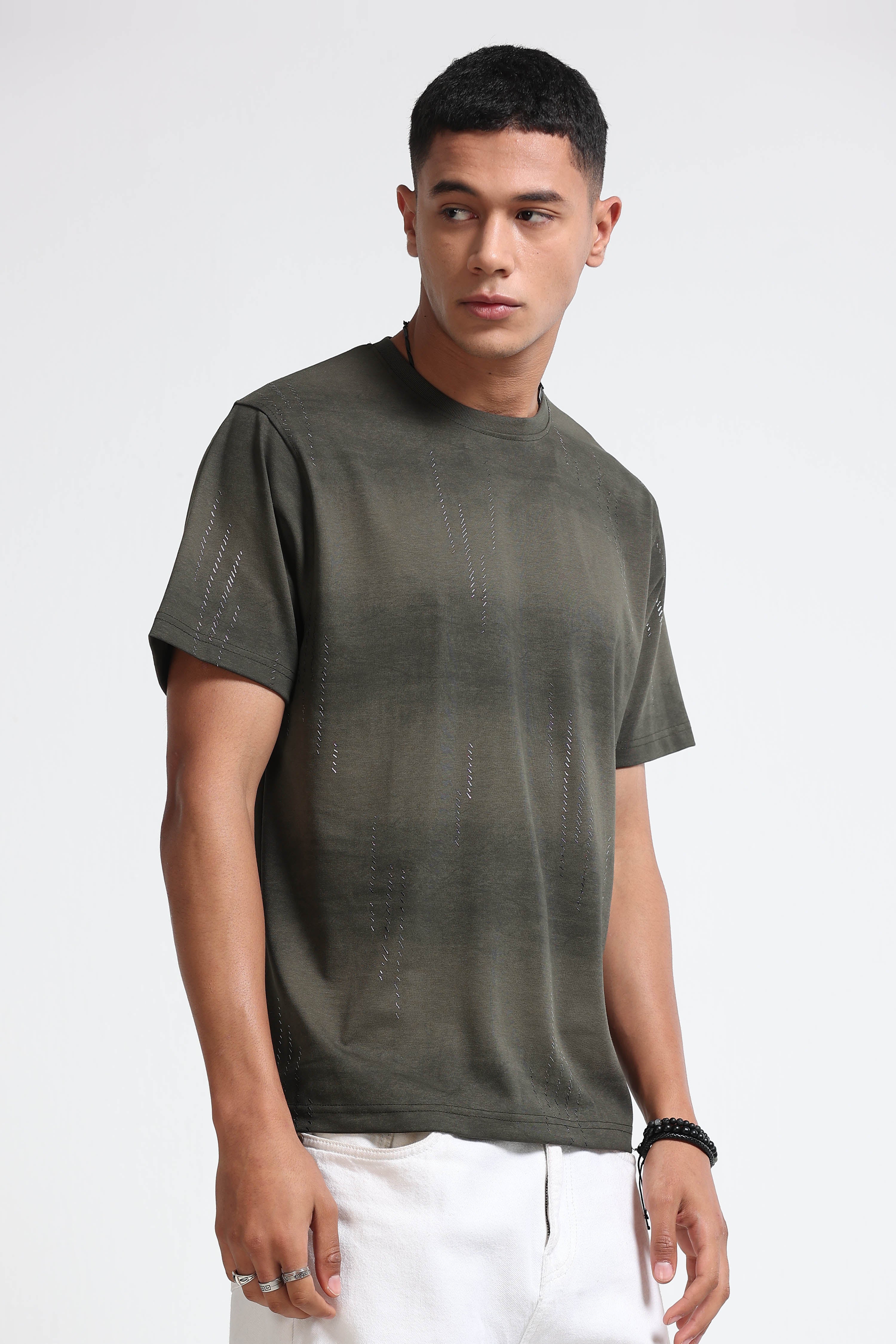 Men Olive Minimal Textured T-Shirt