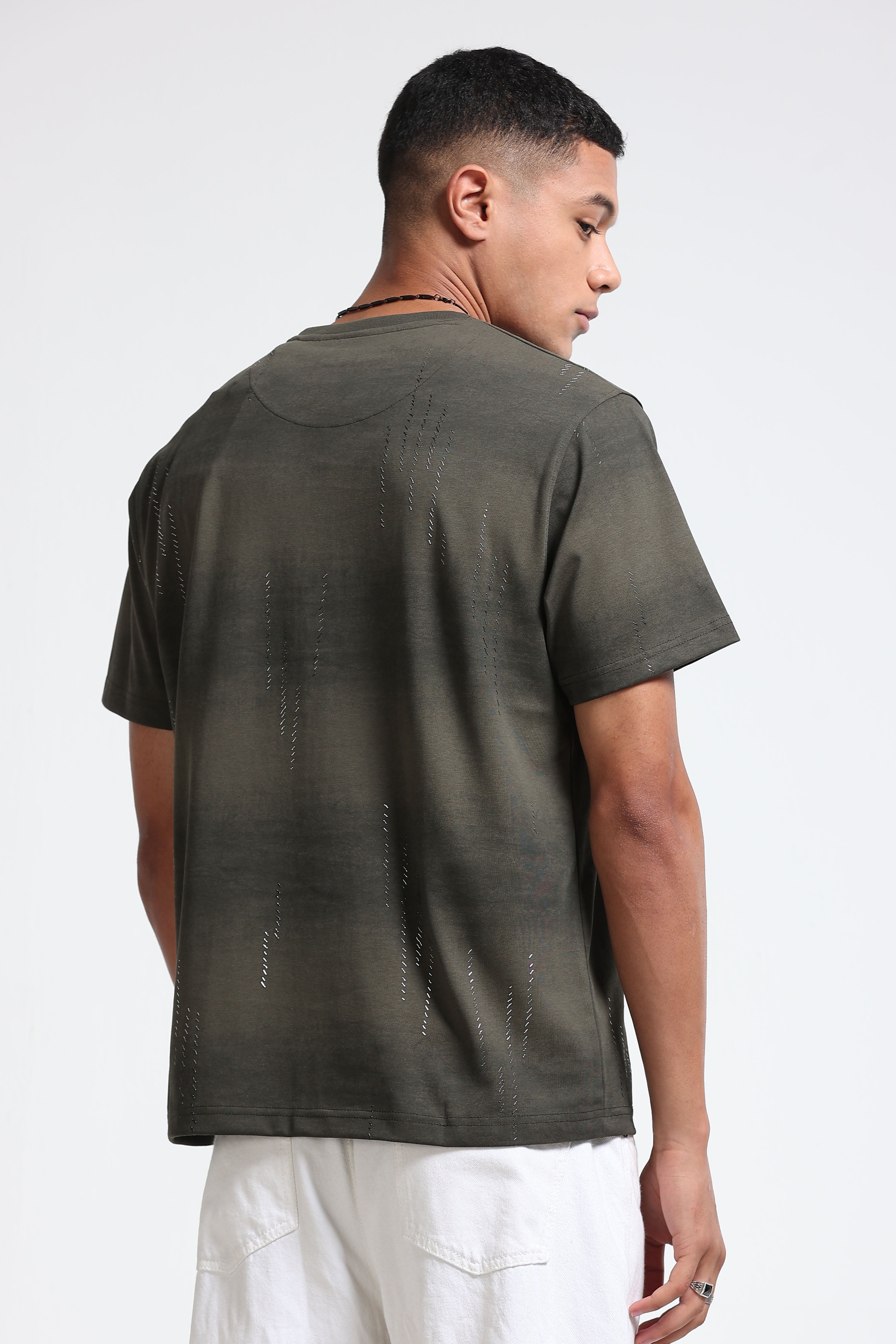 Men Olive Minimal Textured T-Shirt