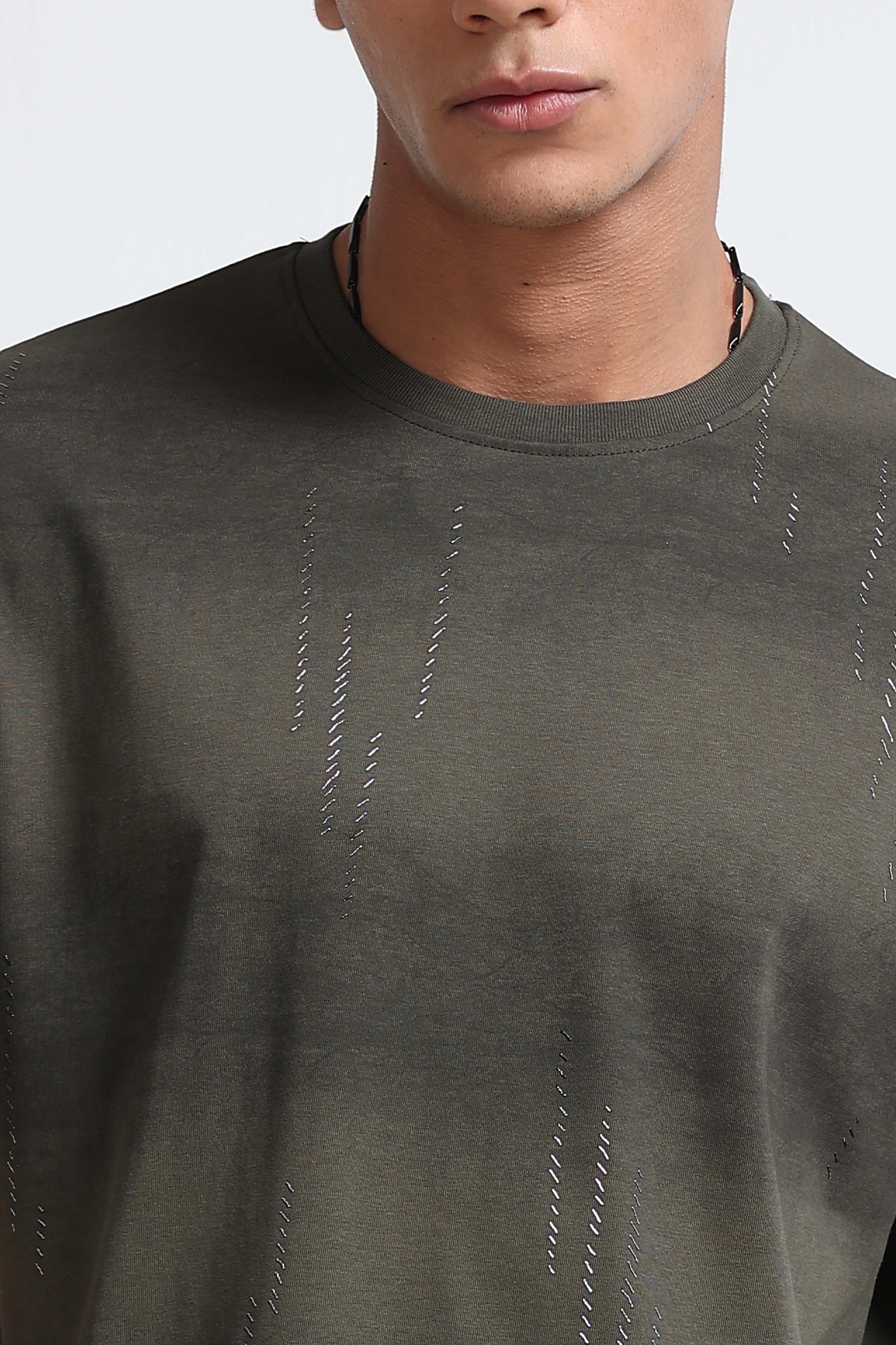 Men Olive Minimal Textured T-Shirt