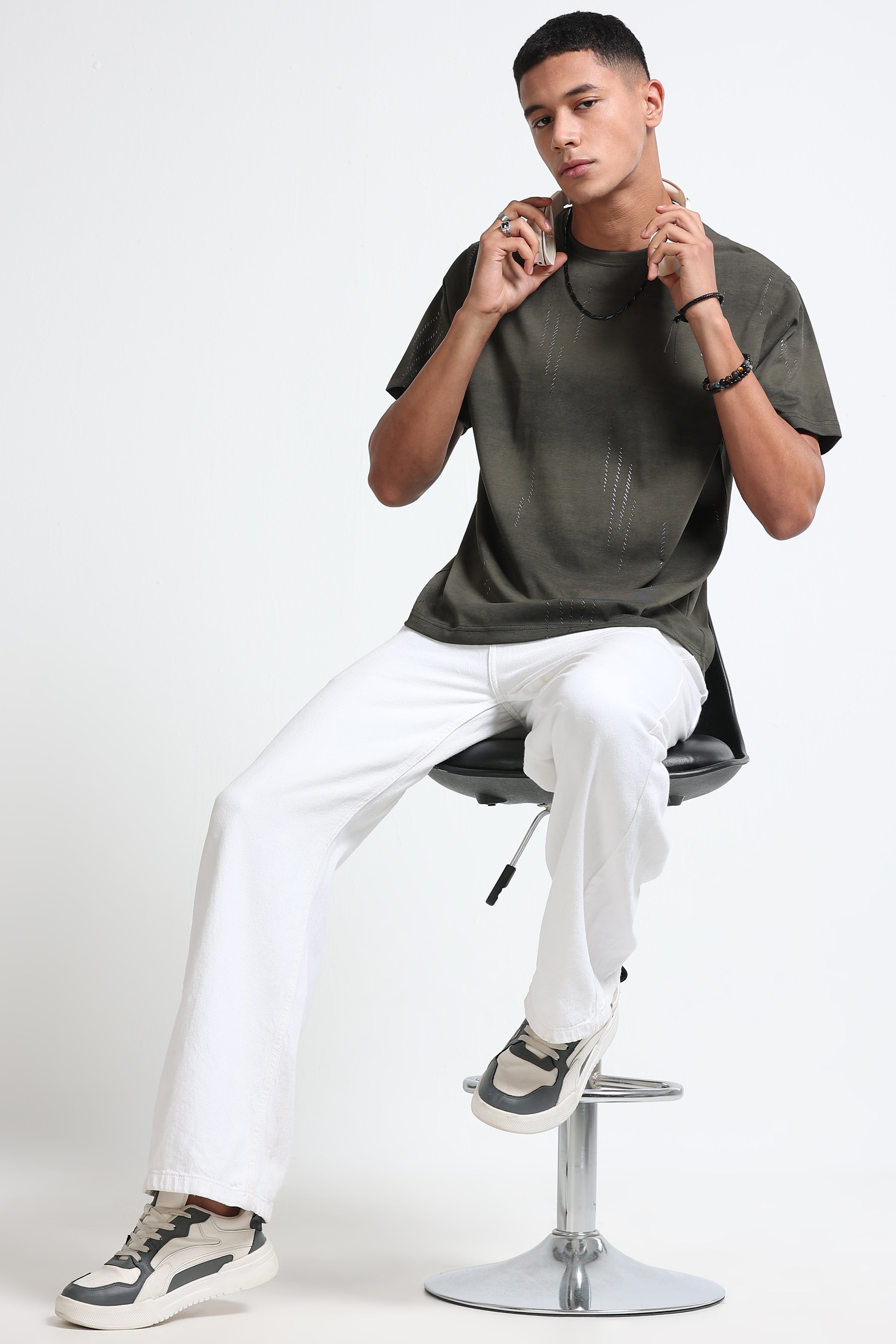 Men Olive Minimal Textured T-Shirt