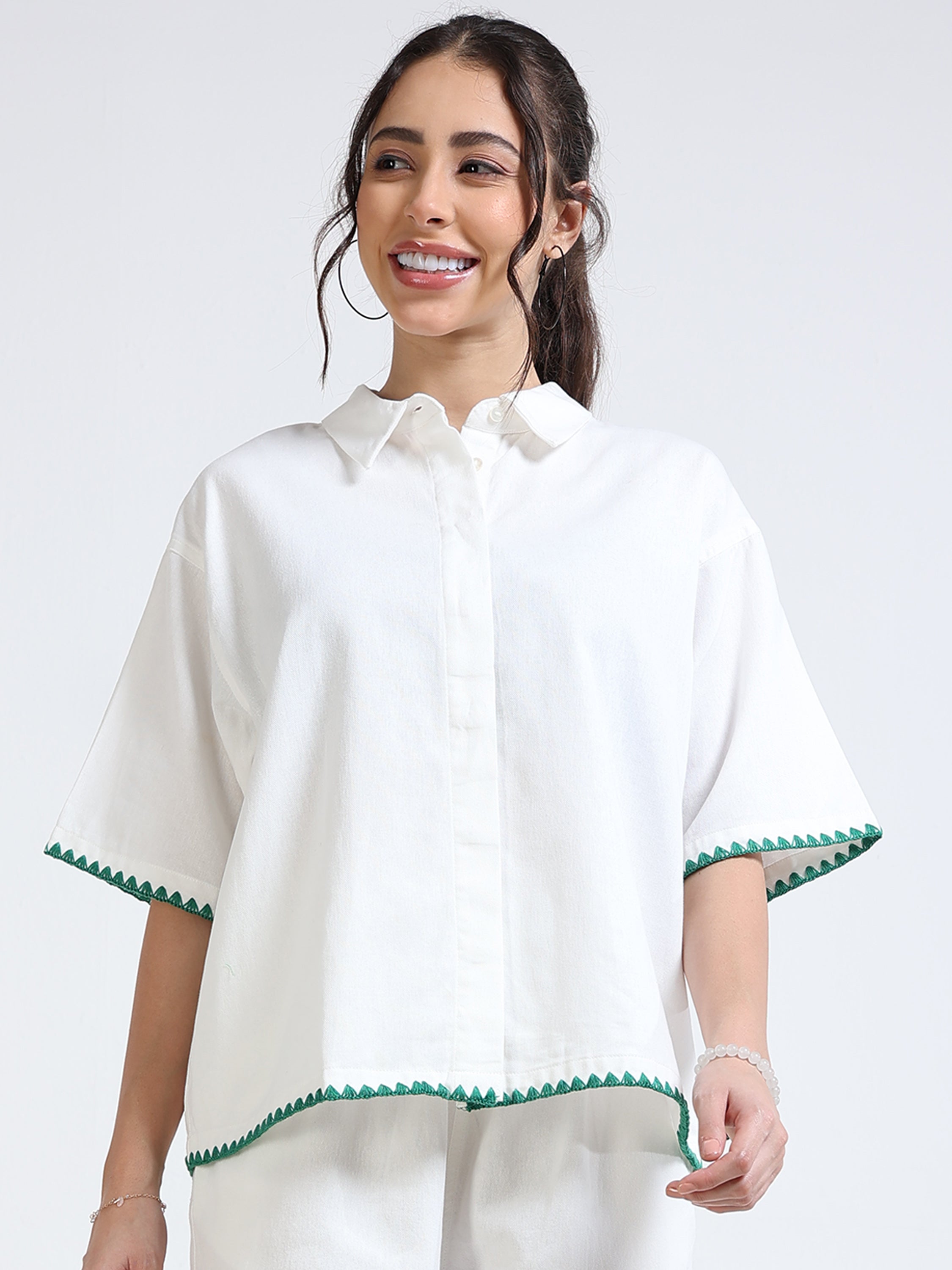 Women White Oversized Fit Shirt and Embroidered Sleeve Hem