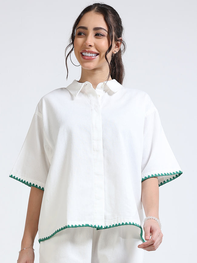 Women White Oversized Fit Shirt and Embroidered Sleeve Hem