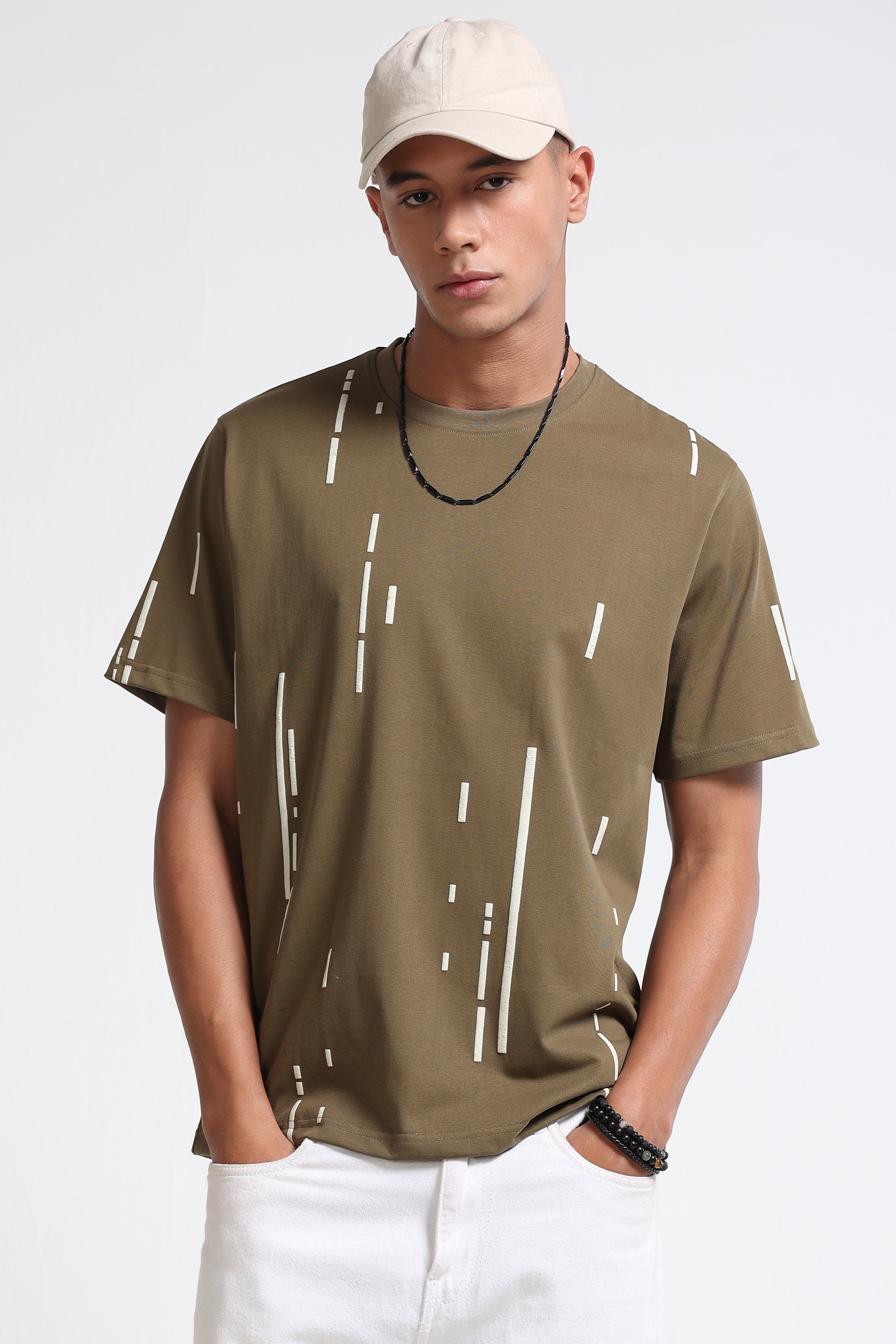 Men Olive Premium Abstract Line T-Shirt