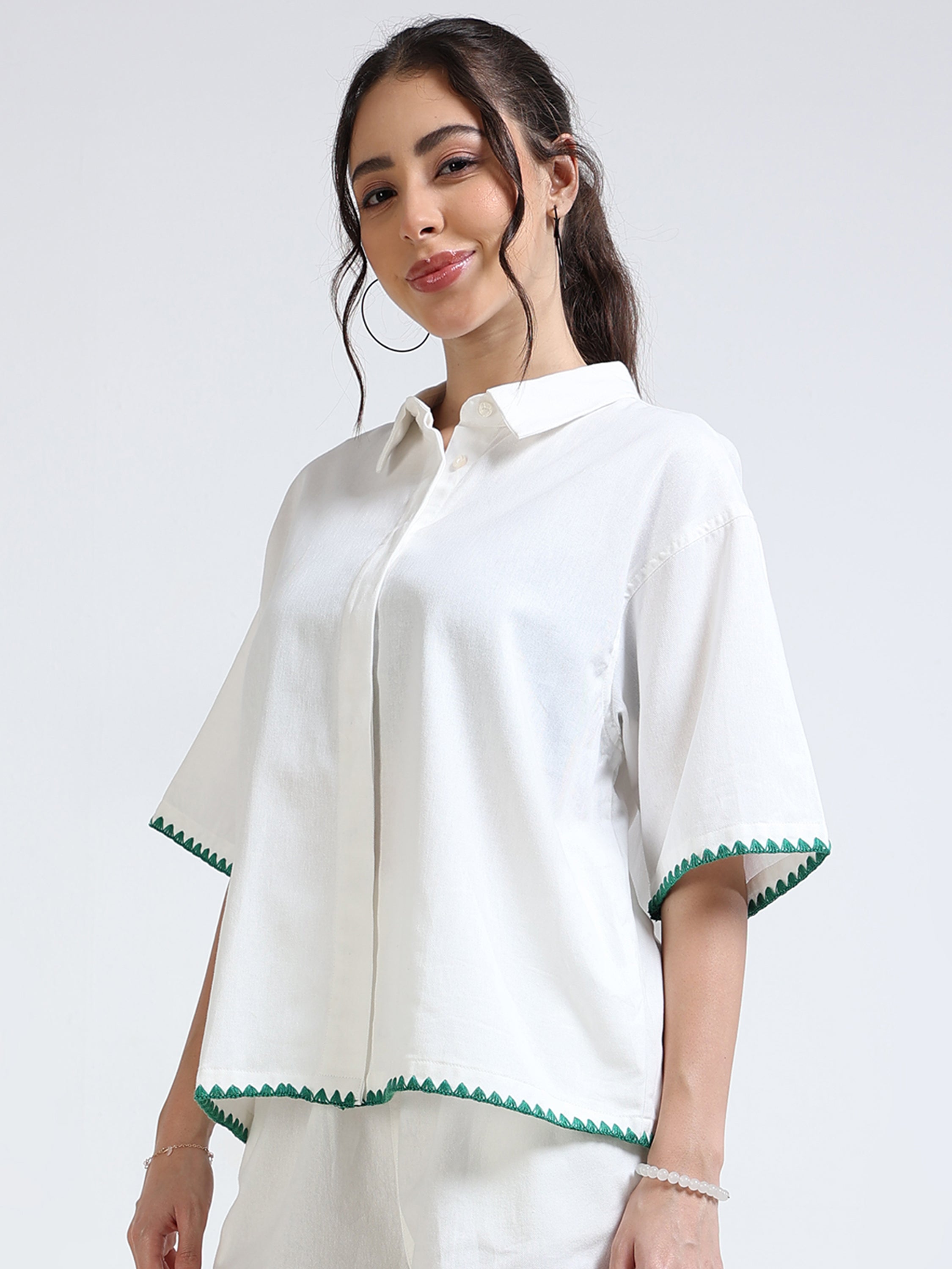 Women White Oversized Fit Shirt and Embroidered Sleeve Hem