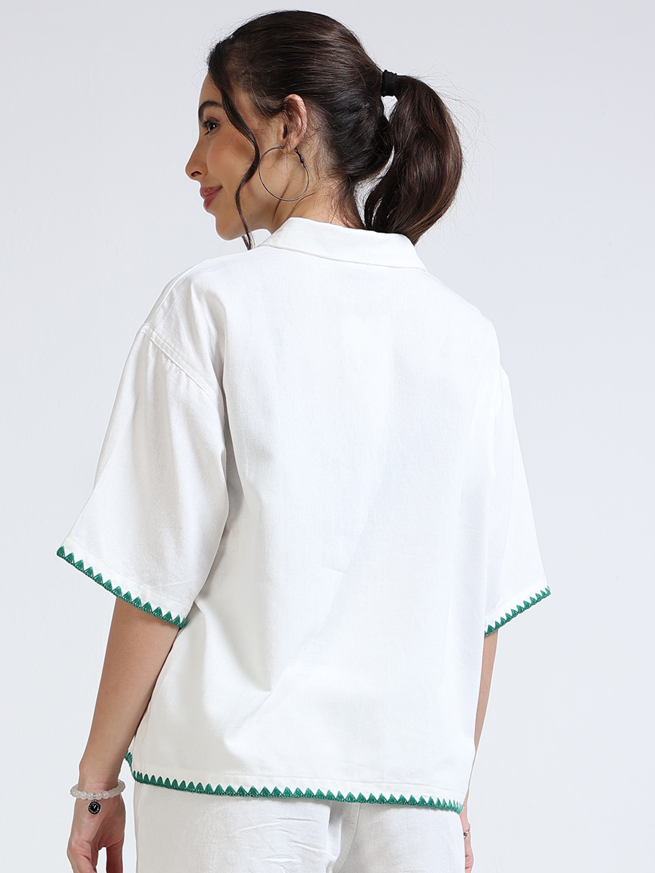Women White Oversized Fit Shirt and Embroidered Sleeve Hem