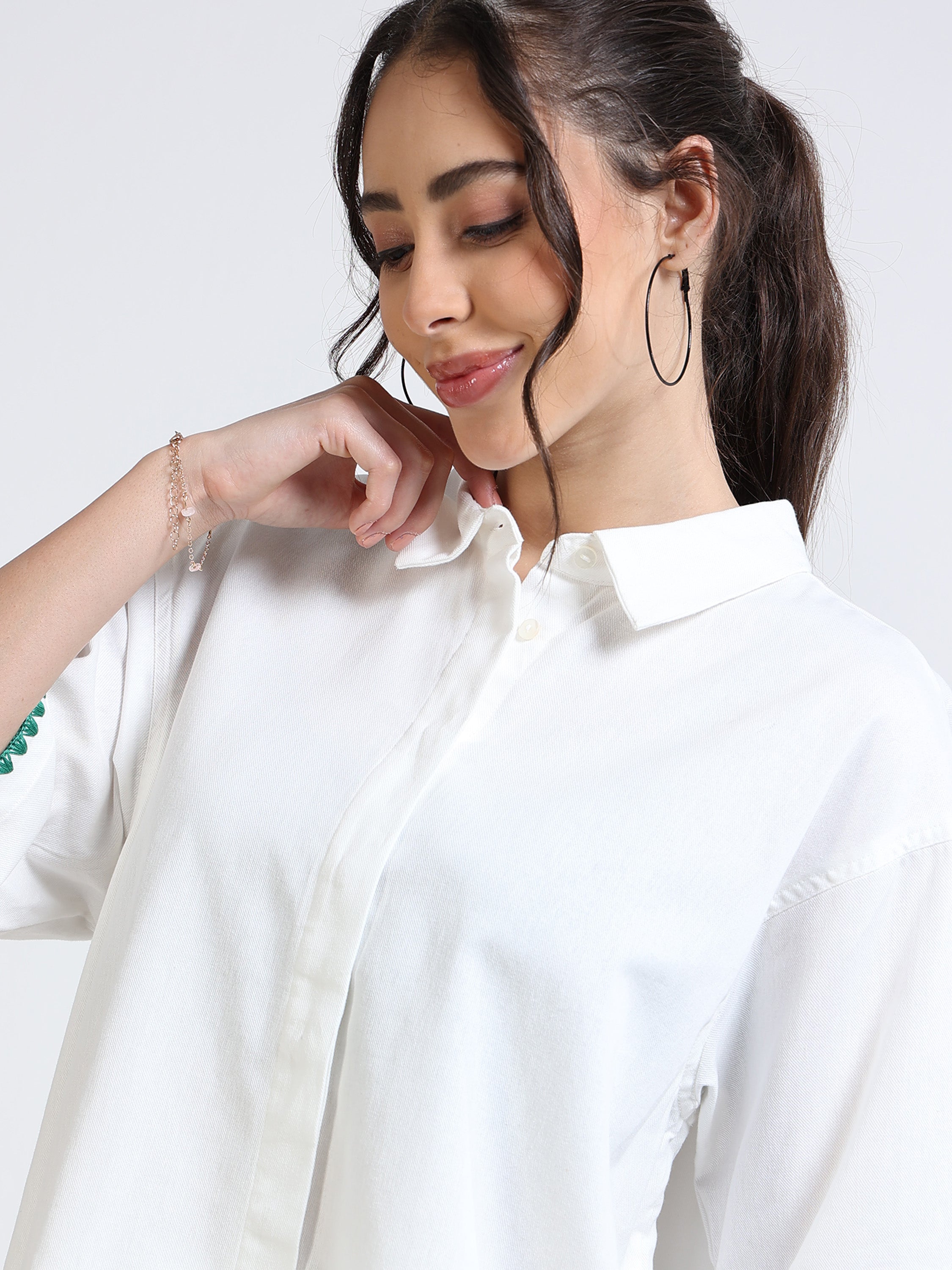 Women White Oversized Fit Shirt and Embroidered Sleeve Hem