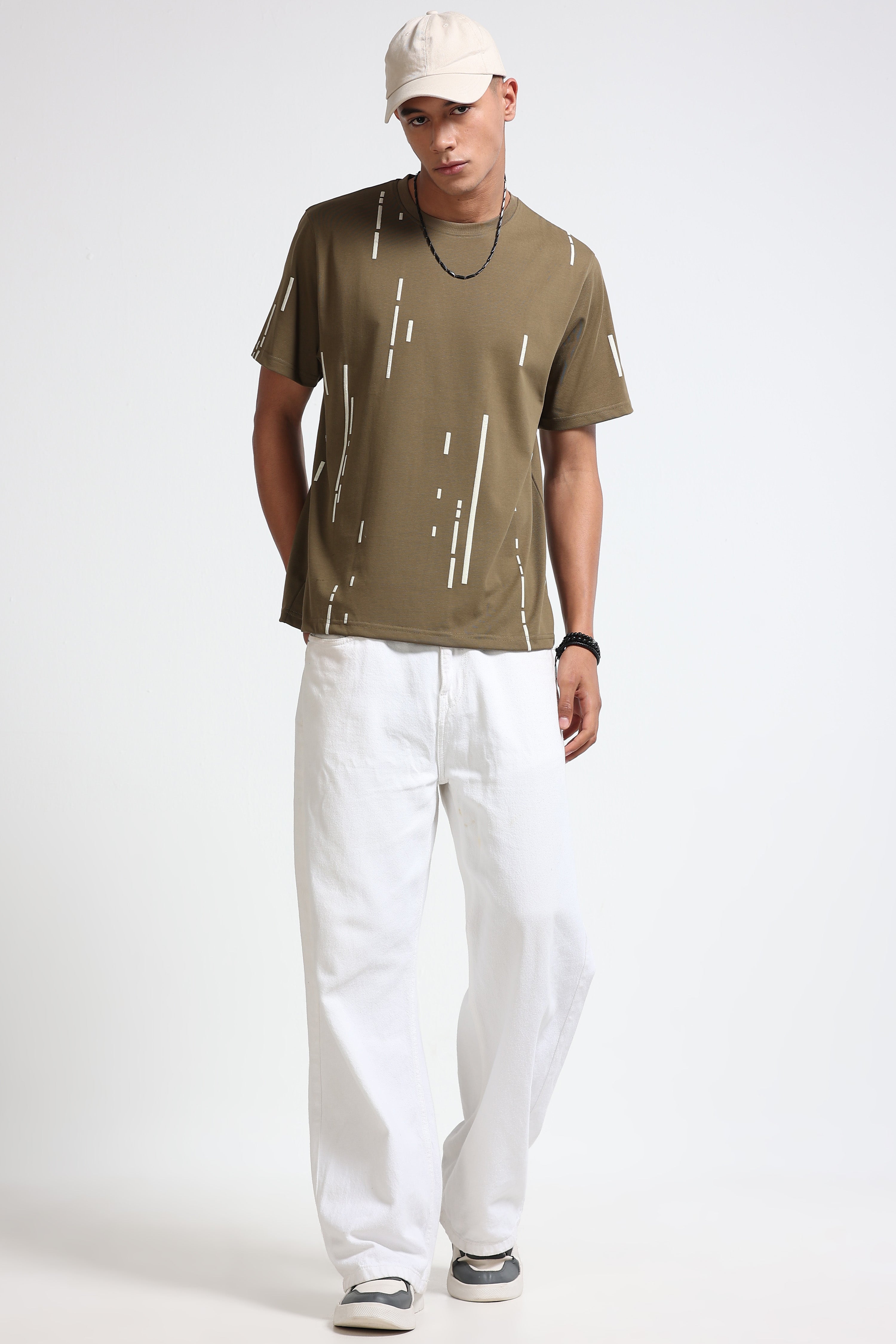 Men Olive Premium Abstract Line T-Shirt