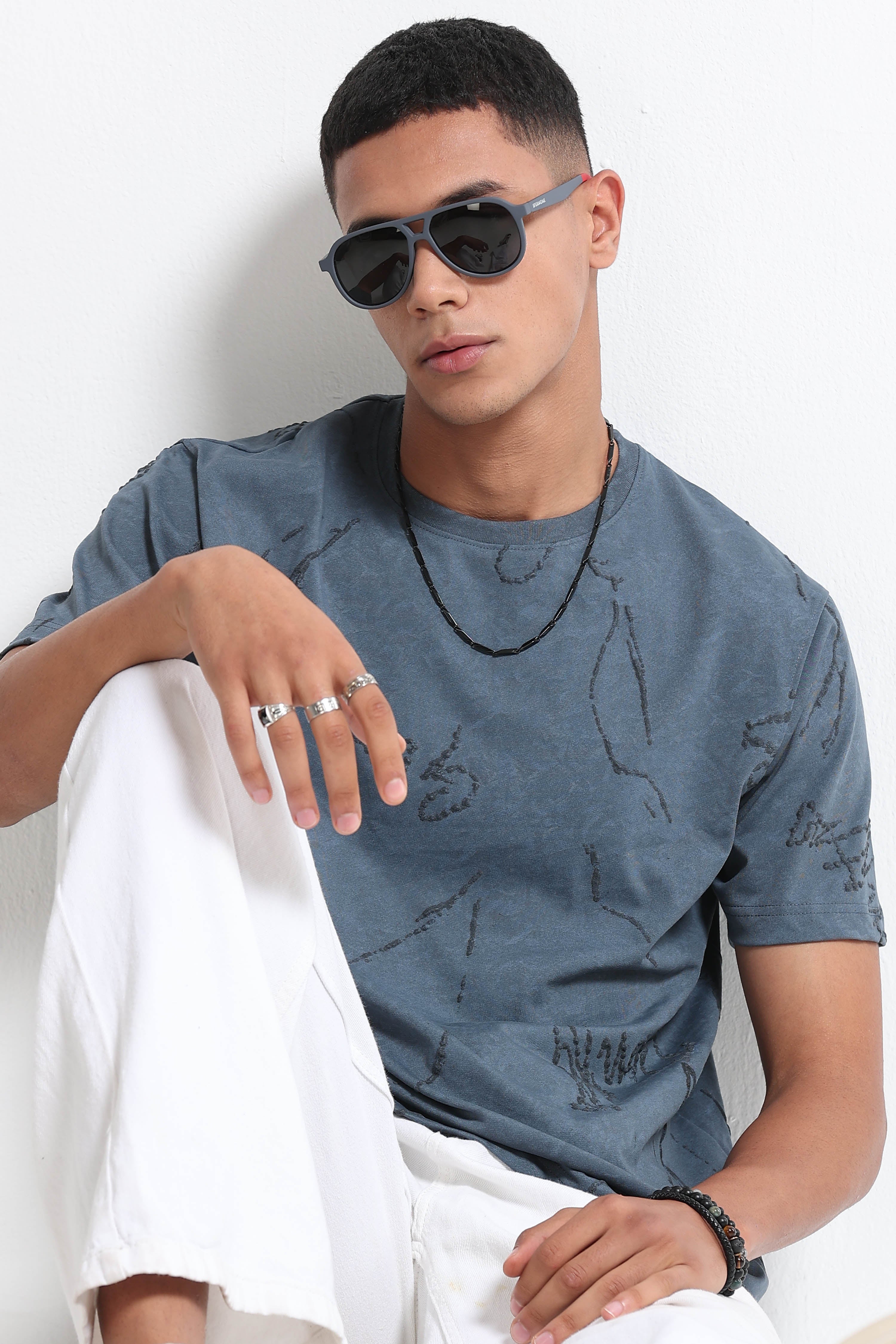 Men Blue Relaxed Fit Denim T-Shirt
