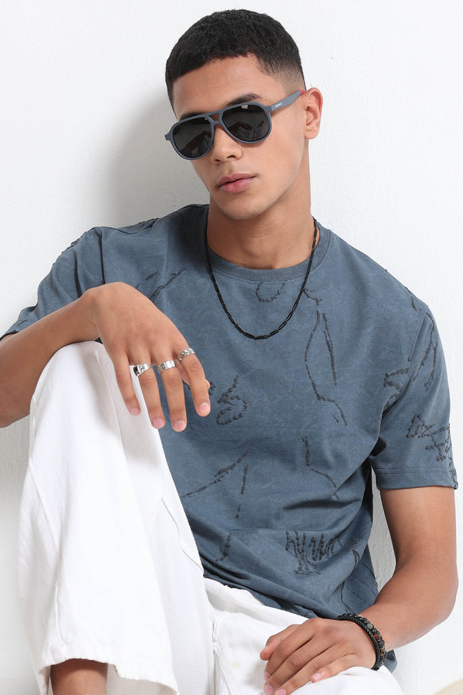 Men Blue Relaxed Fit Denim T-Shirt